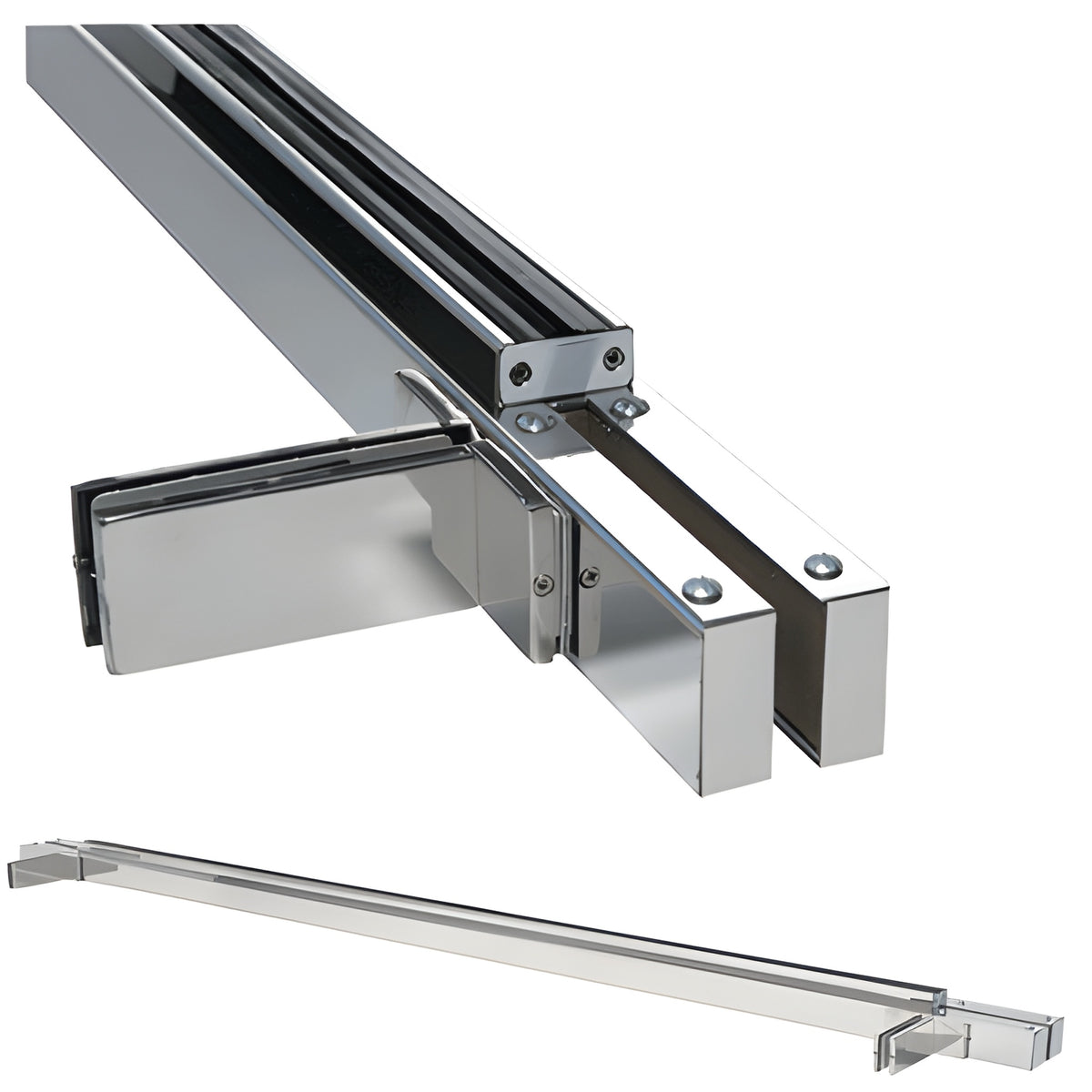 CRL Brushed Stainless Double Narrow Floating Header with Walking Beam Pivots and Support Fins - Custom for 3/4" Glass