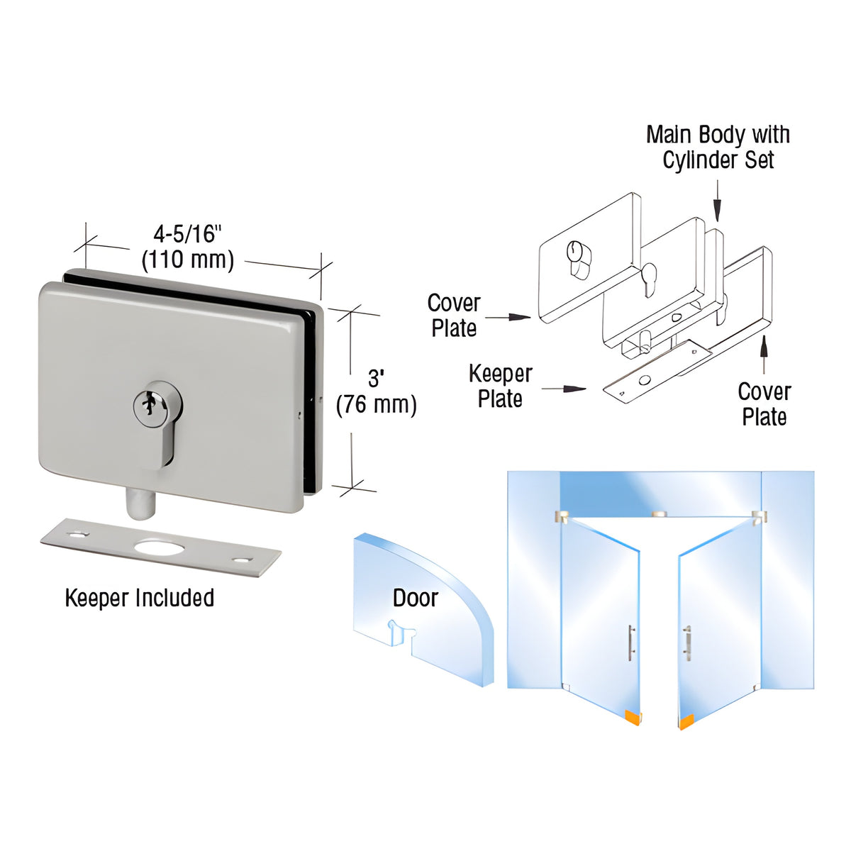 CRL Brushed Stainless European EUR Series Glass Mounted Patch Lock With Keeper Plate