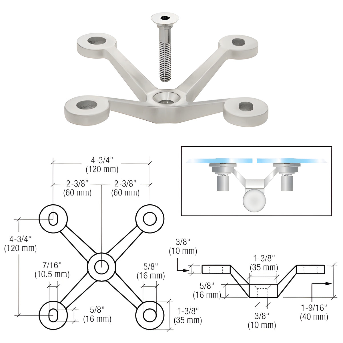 CRL Brushed Stainless Four Arm Spider Fitting 'V' Post Mount
