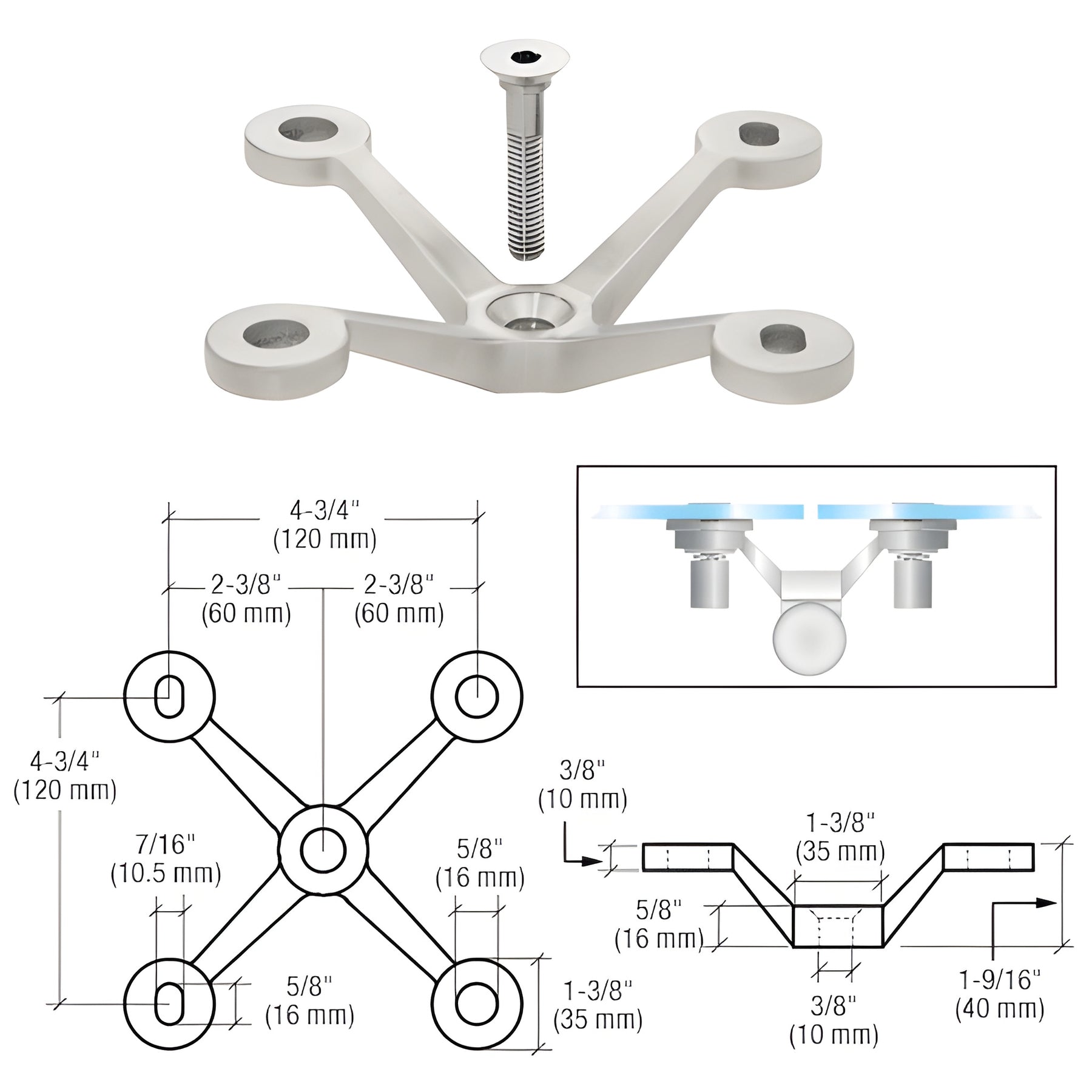 CRL Brushed Stainless Four Arm Spider Fitting 'V' Post Mount