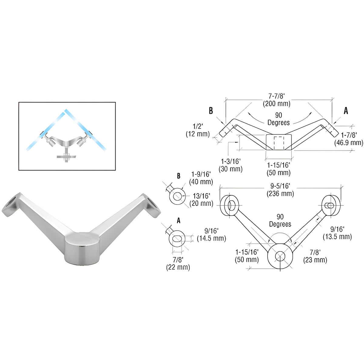 CRL Brushed Stainless Heavy Duty 90 Degree 2V Arm Column Mount Spider Fitting
