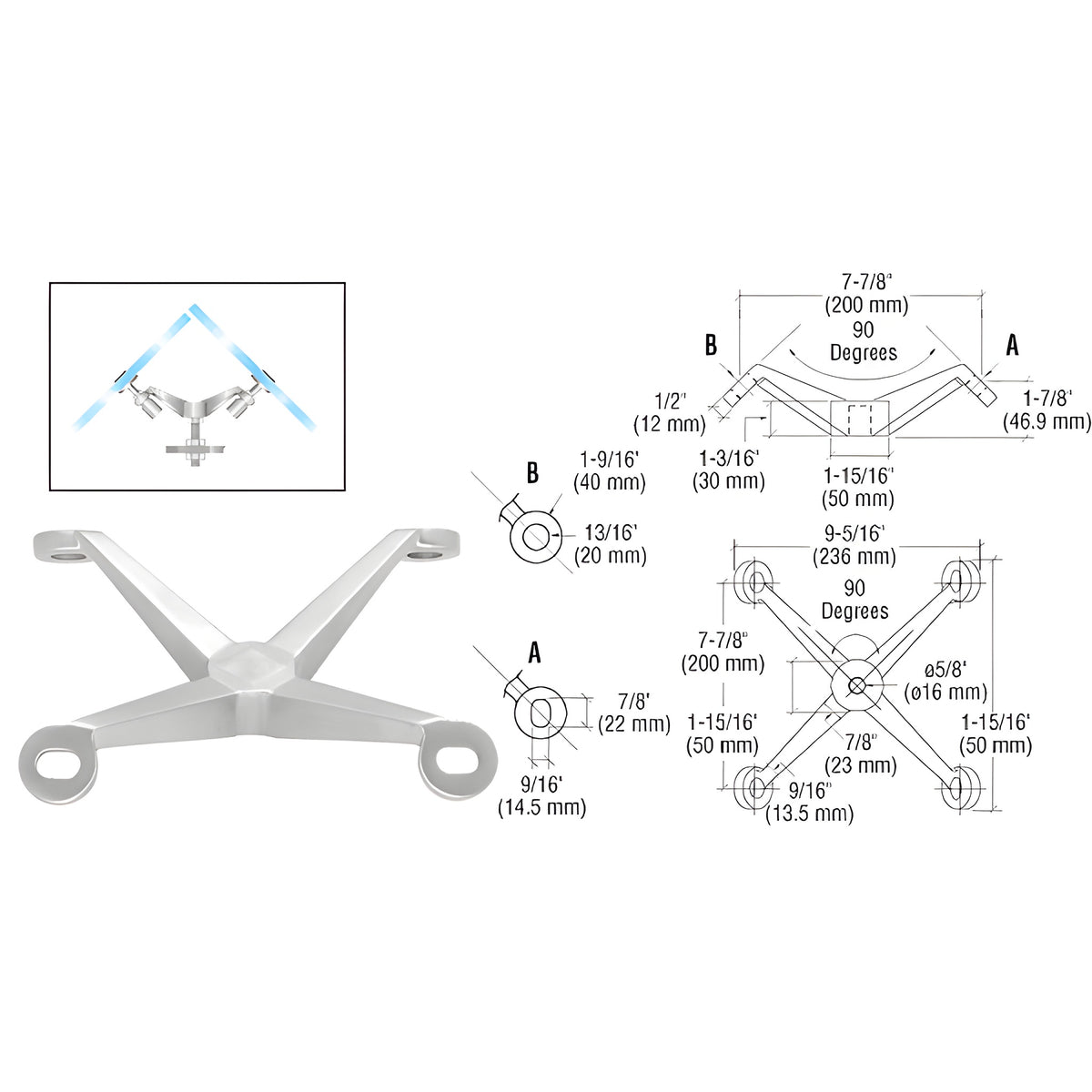 CRL Brushed Stainless Heavy Duty 90 Degree 4-Way Column Mount Spider
