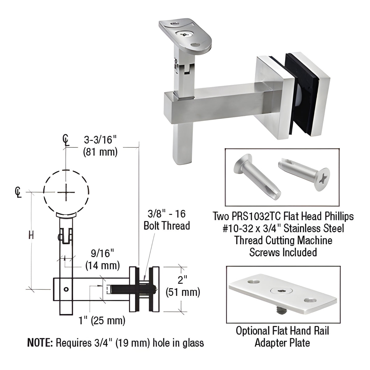 CRL Brushed Stainless Huntington Series Glass Mounted Hand Rail Bracket