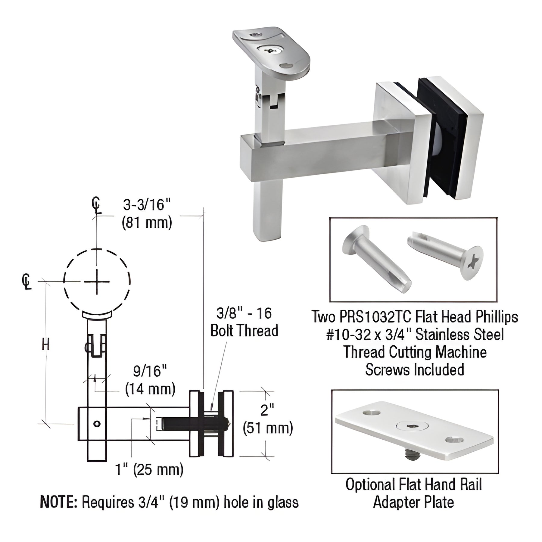 CRL Brushed Stainless Huntington Series Glass Mounted Hand Rail Bracket