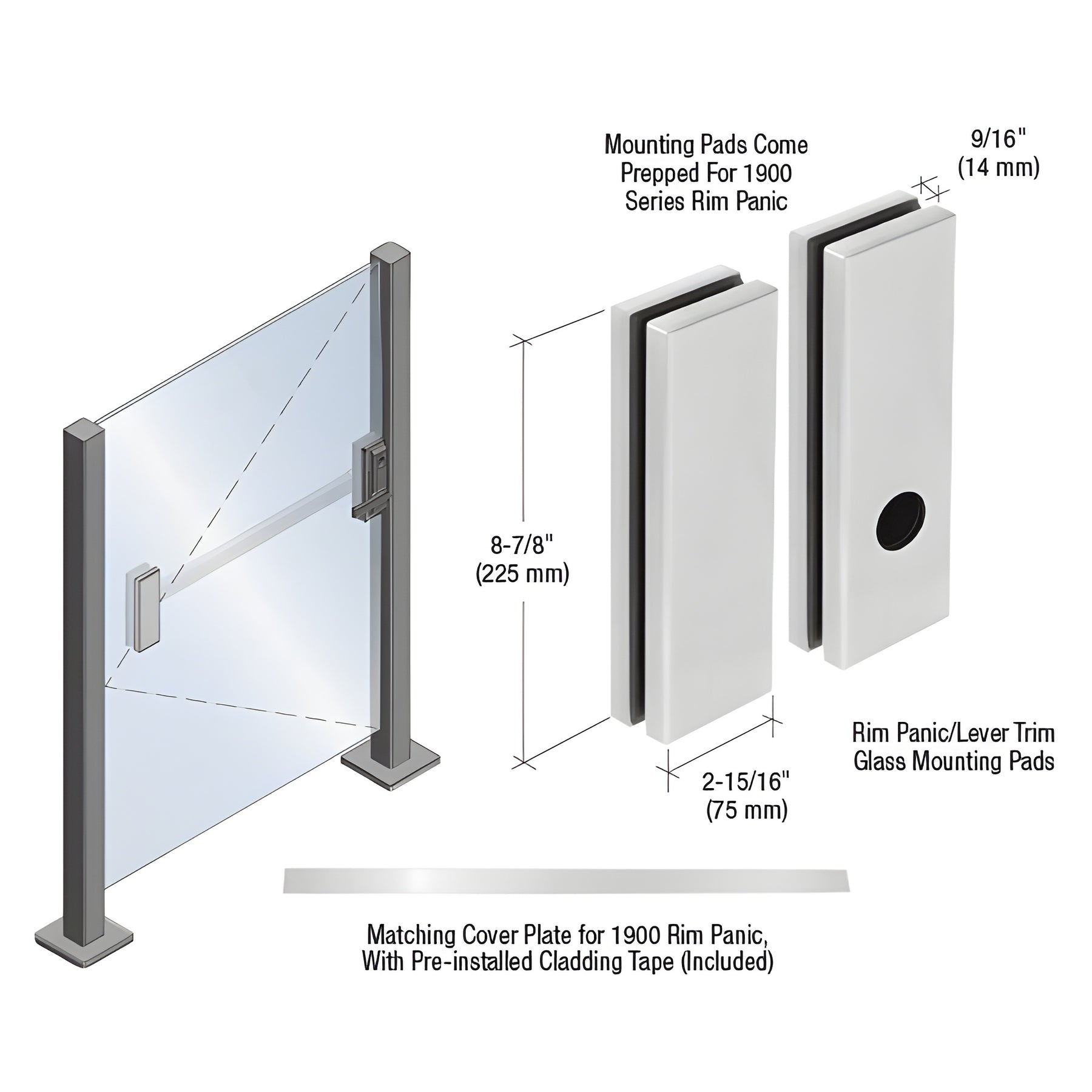 CRL Brushed Stainless Lever Trim Glass Mounting Pad for 1900 Series Rim Panic