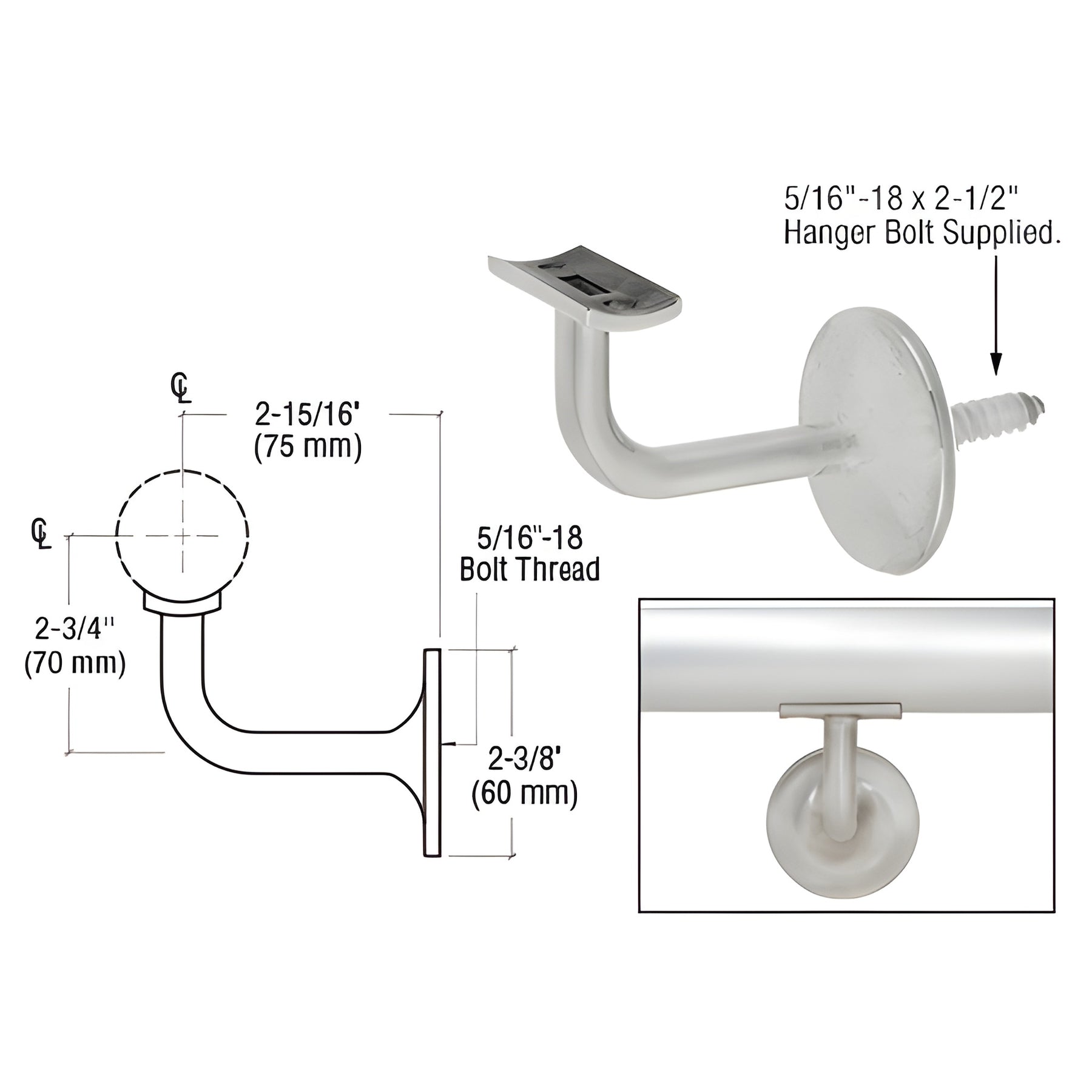 CRL Brushed Stainless Pismo Series Concealed Surface Mounted Hand Railing Bracket for 2" Tubing