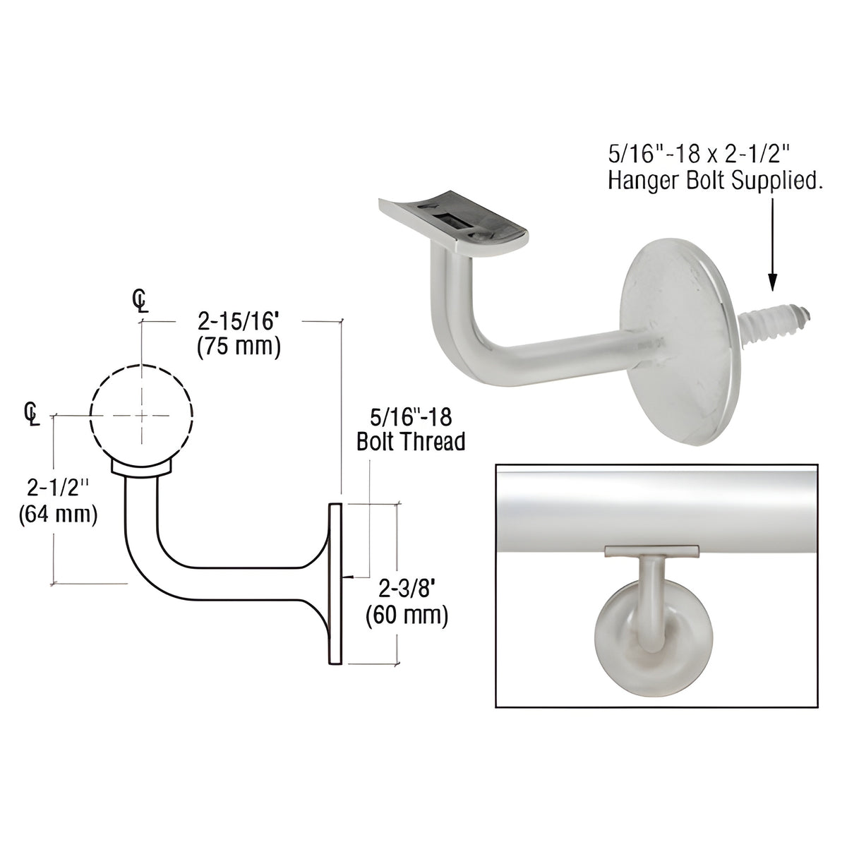 CRL Brushed Stainless Pismo Series Wall Mounted Hand Rail Bracket