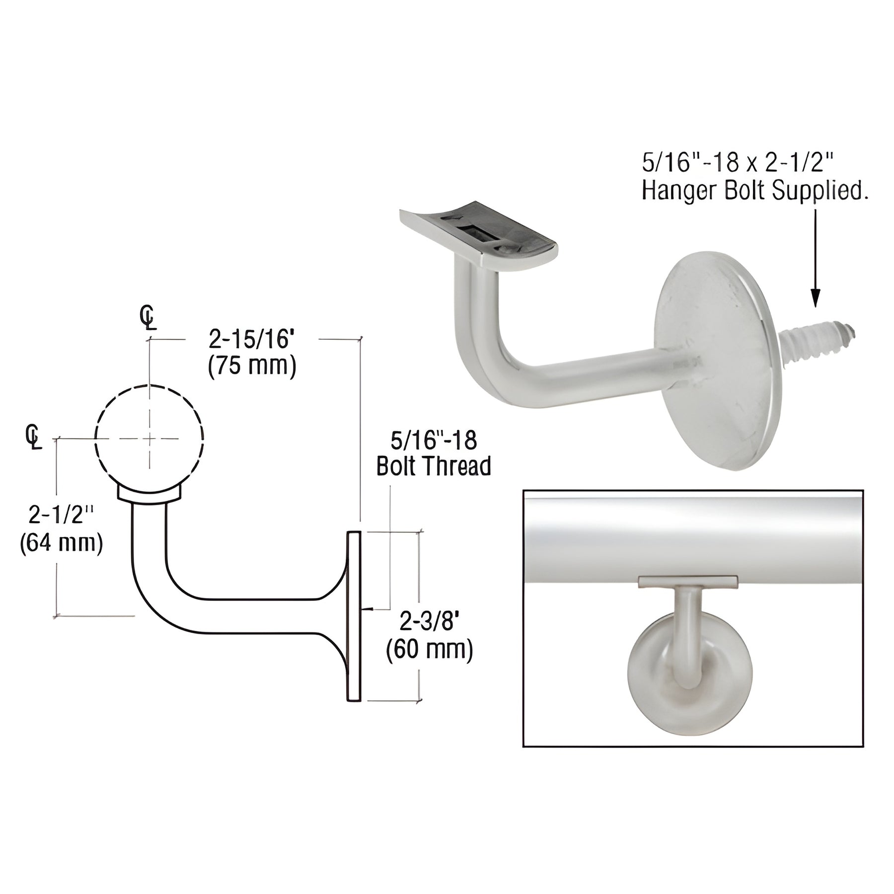 CRL Brushed Stainless Pismo Series Wall Mounted Hand Rail Bracket