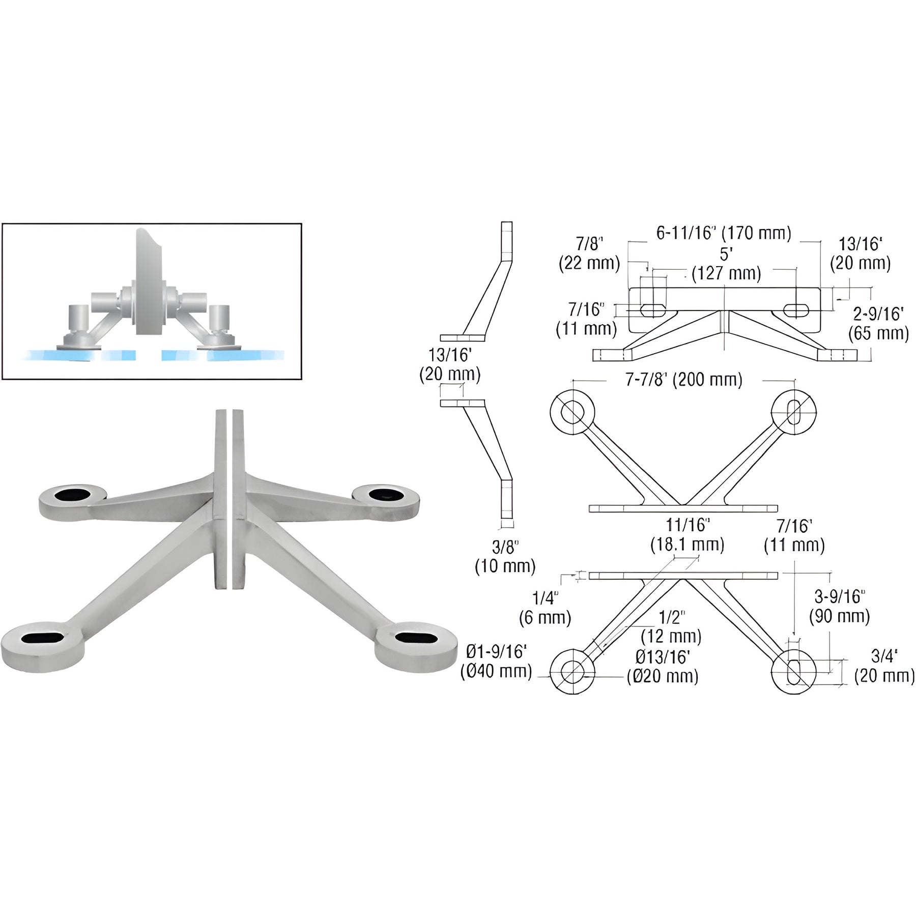 CRL Brushed Stainless Regular Duty Spider Fitting 4 Arm "V" Fin Mount Frame