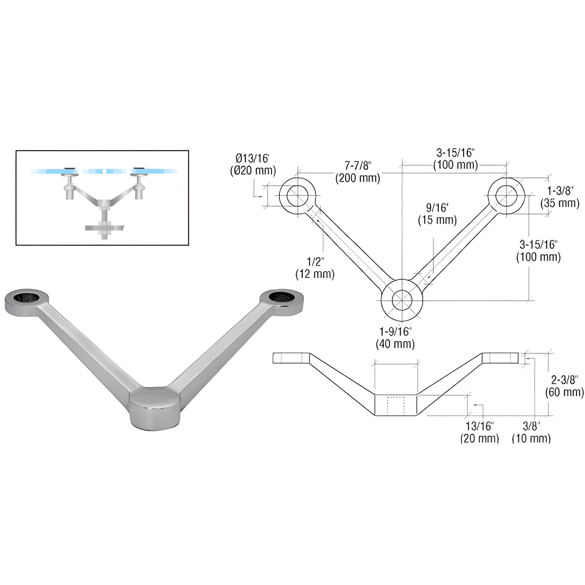 CRL Brushed Stainless Regular Duty Spider Fitting 'V' Double Arm Column Mount