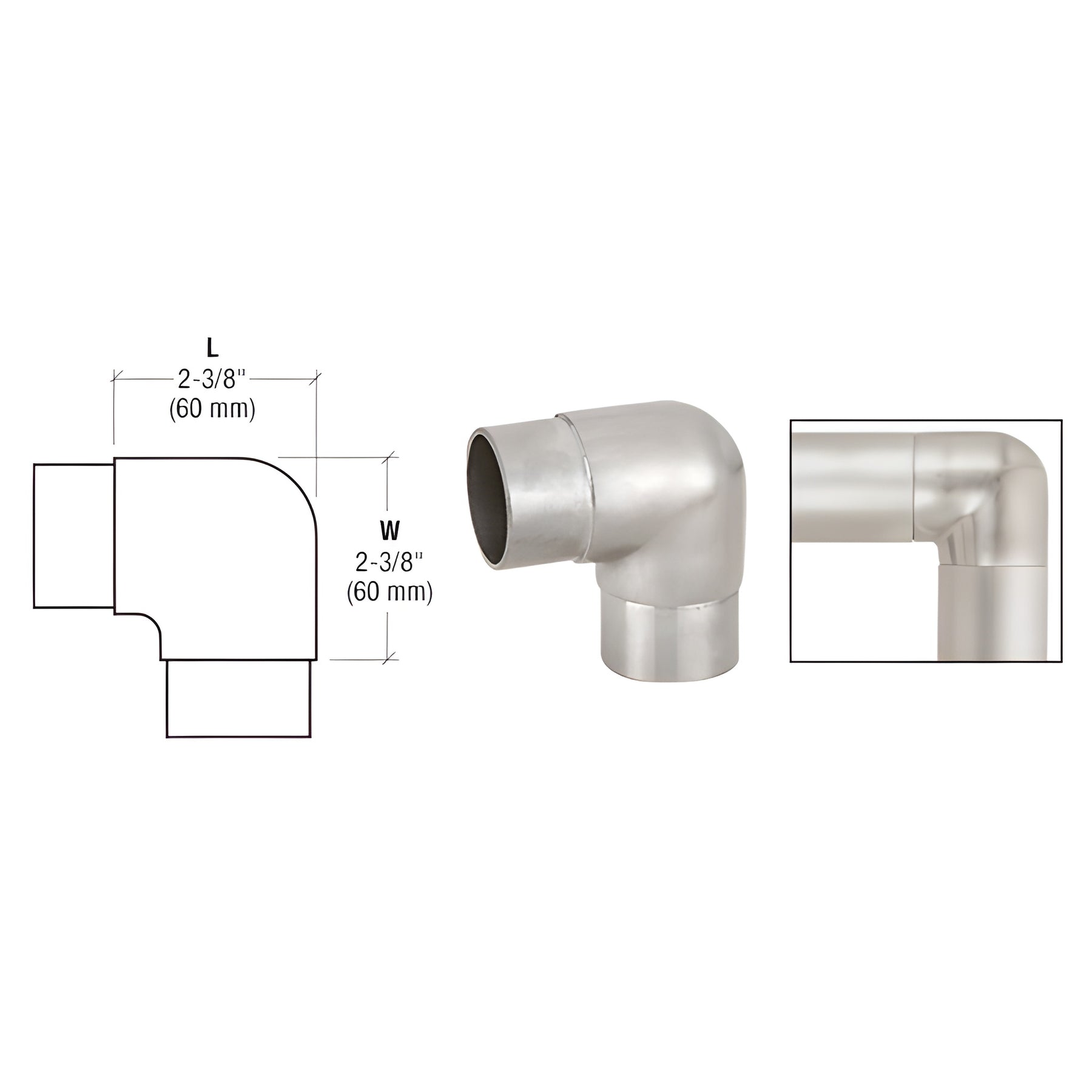 CRL Brushed Stainless Sharp Radius 90 Degree Corner for 2" Tubing