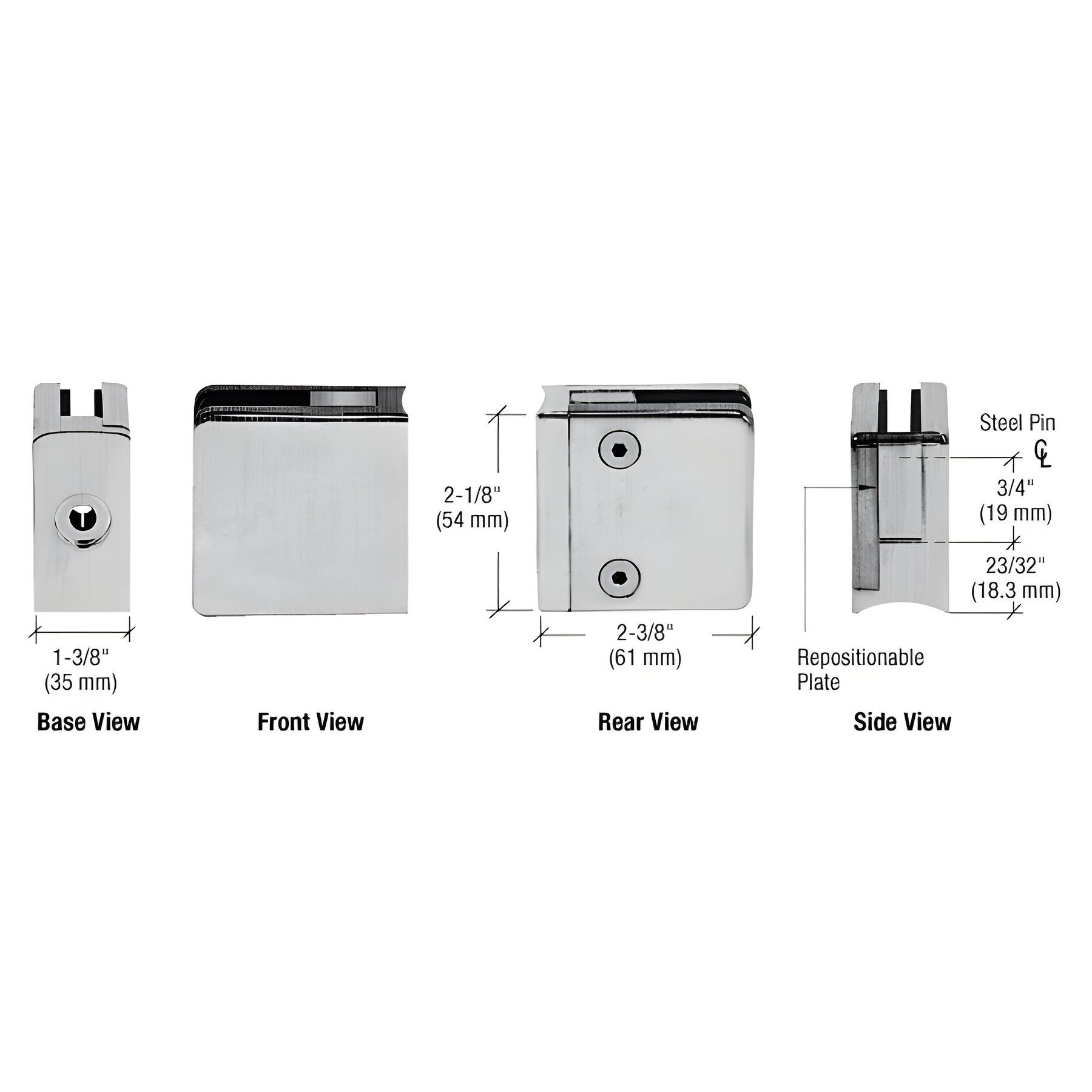 CRL Brushed Stainless Steel Z-Series Square Type Radius Base Zinc Clamps for 3/8" and 1/2" Glass with Repositionable Plate
