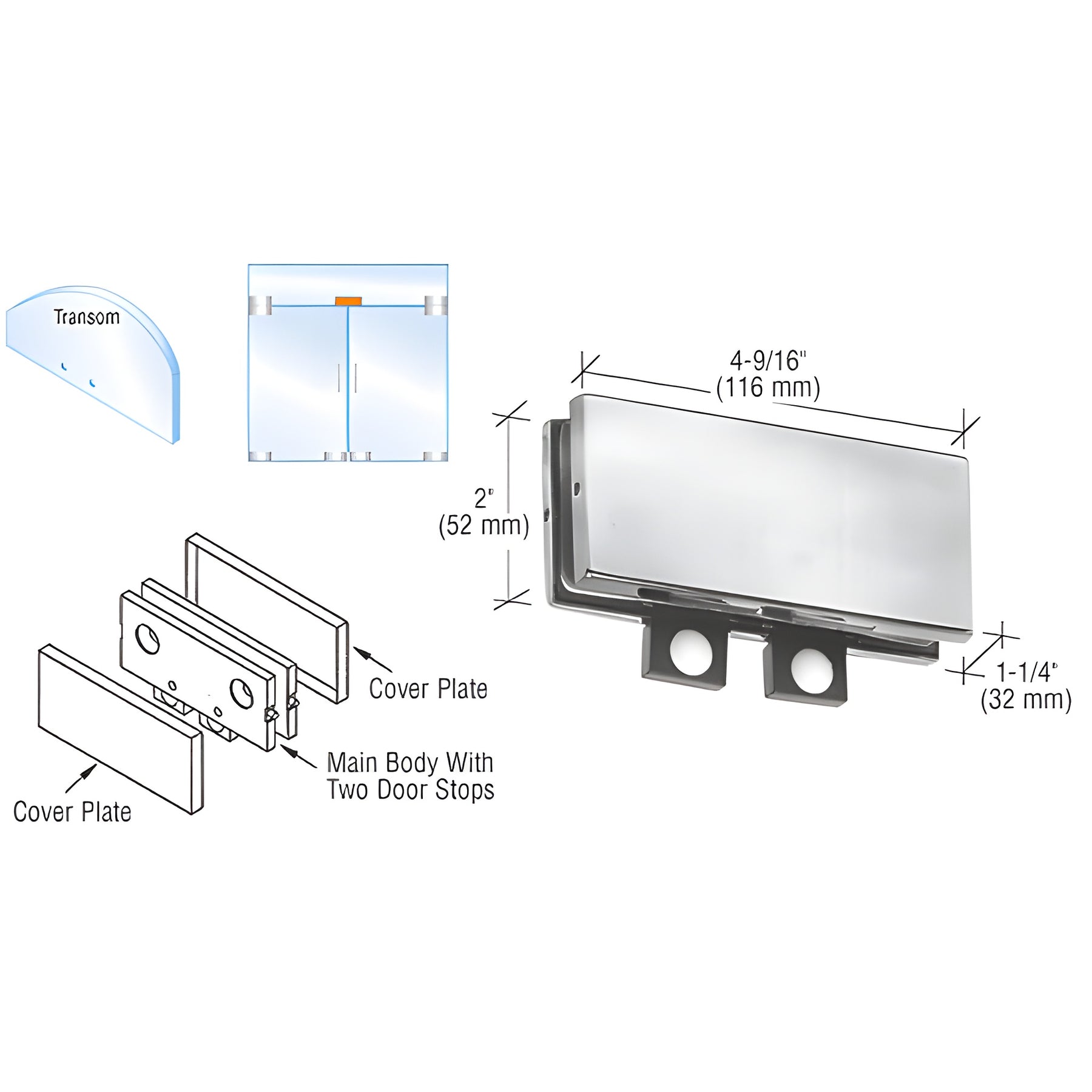 CRL Brushed Stainless Transom Mounted Connector with Two Reversible Door Stops