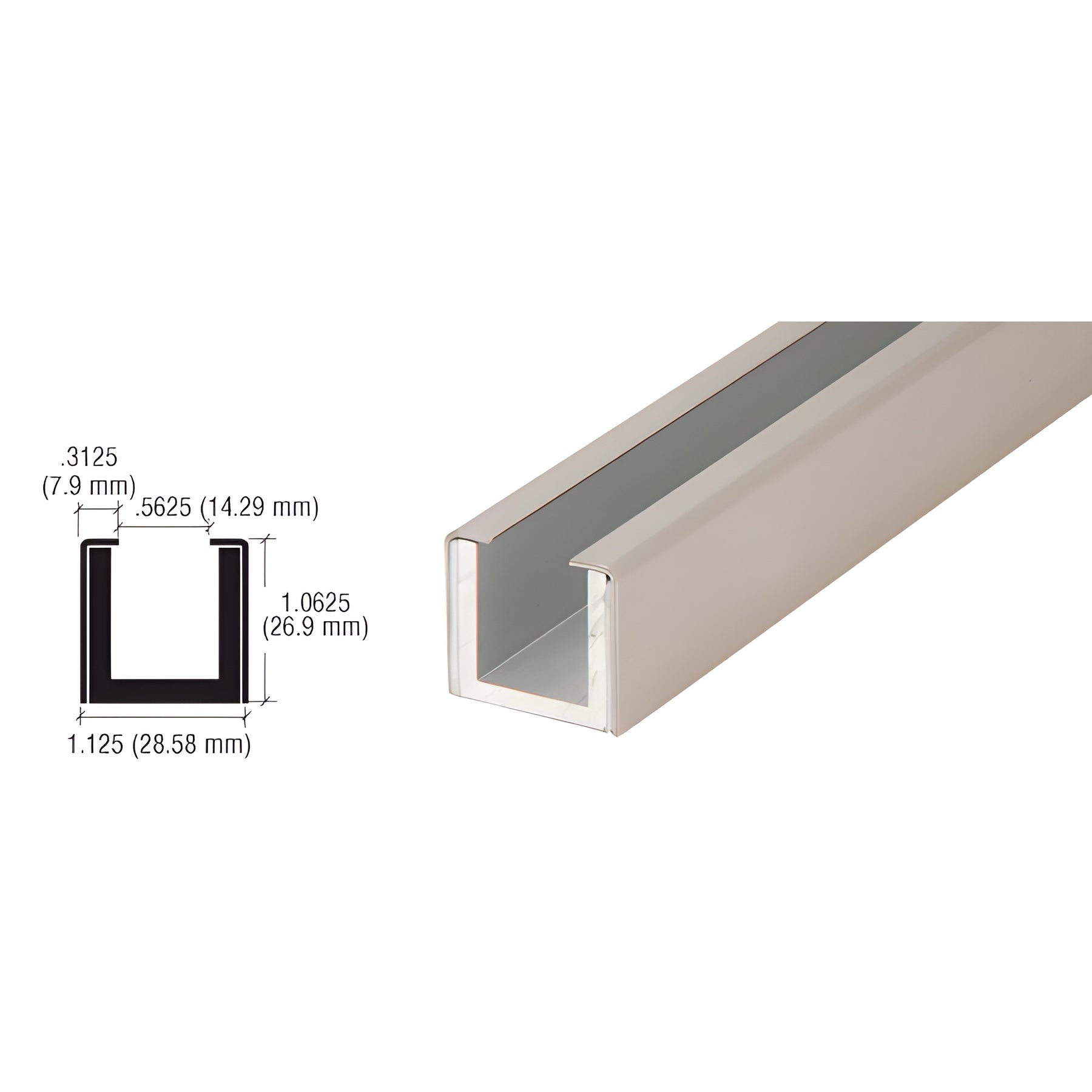 CRL Brushed Stainless Wet / Dry Glaze 1" Deep U-Channel Custom Length
