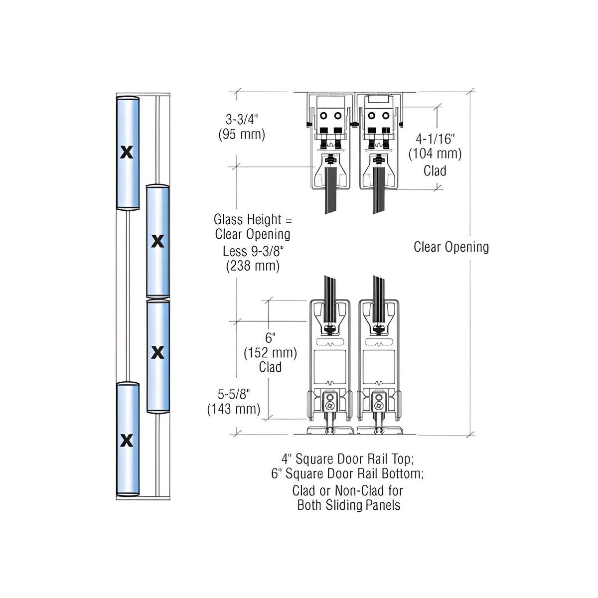 CRL Brushed Stainless XXXX Format Sliding Door Entrance System - 4" Square Top 6" Square Bottom Rail
