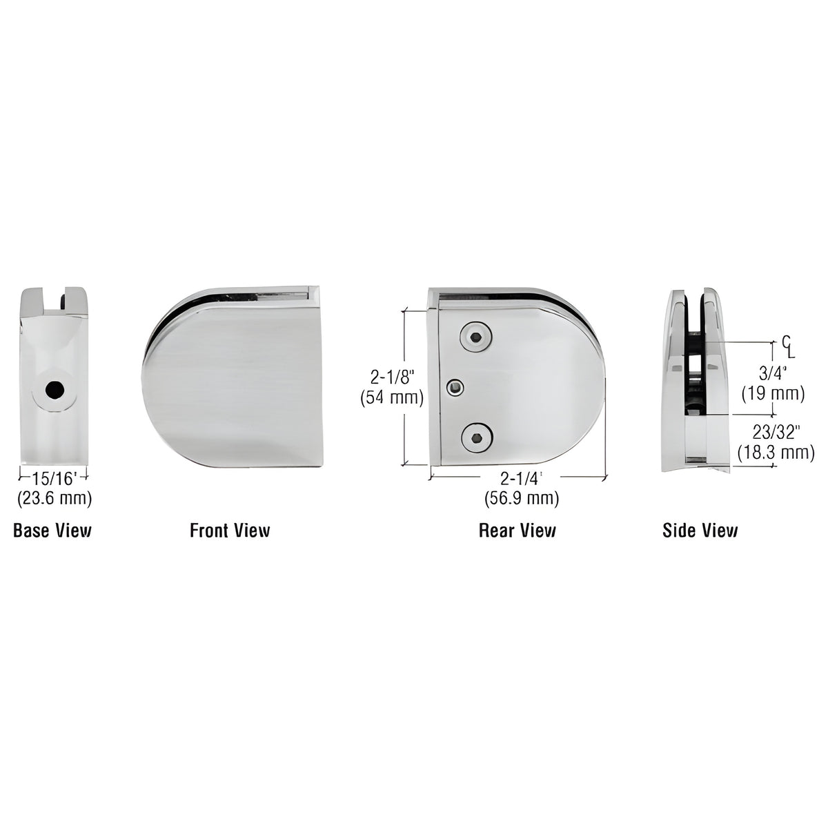 CRL Brushed Stainless Z-Series Round Type 1-1/2" Radius Base Stainless Steel Clamp for 1/4" and 5/16" Glass