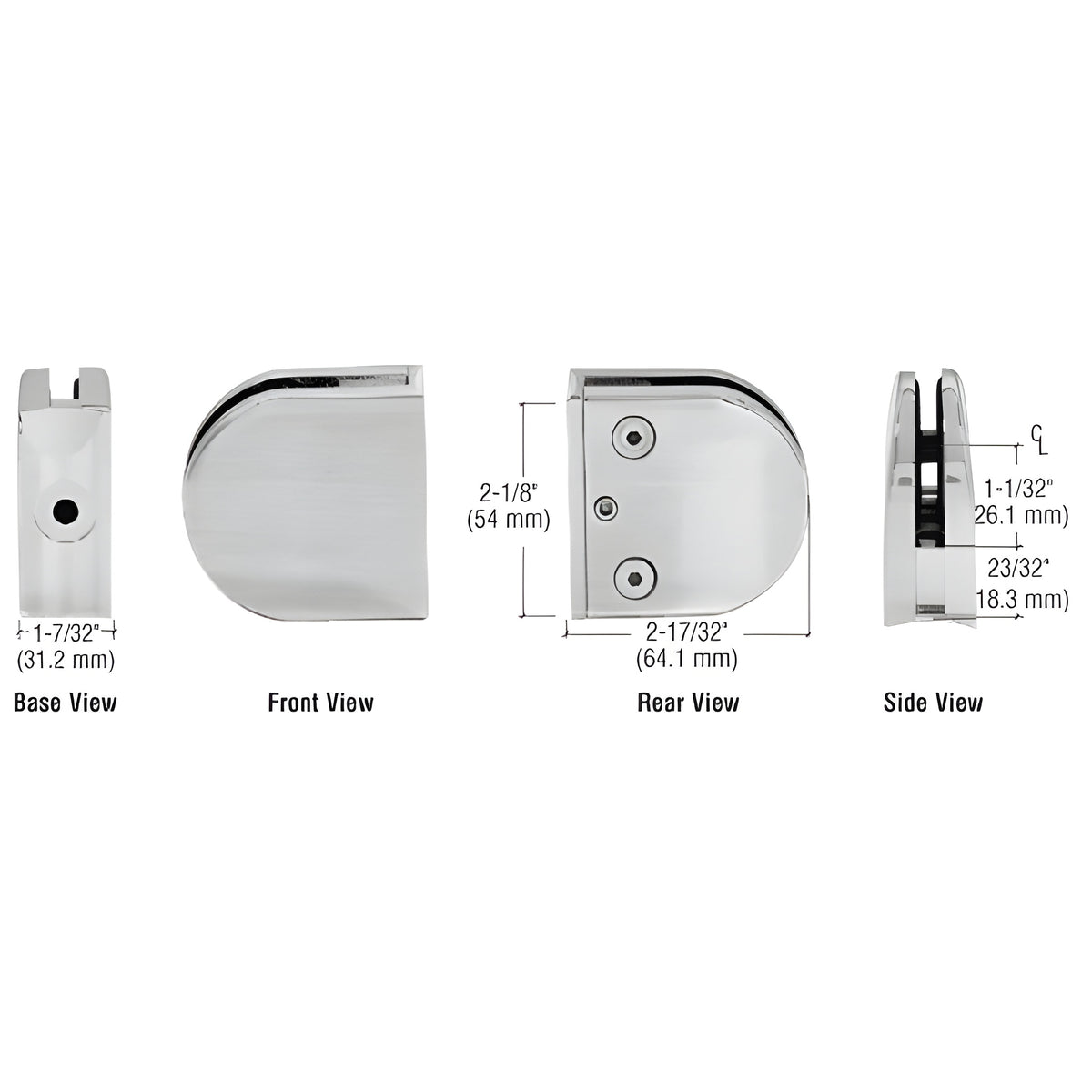 CRL Brushed Stainless Z-Series Round Type 2" Radius Base Stainless Steel Clamp for 1/2" Glass