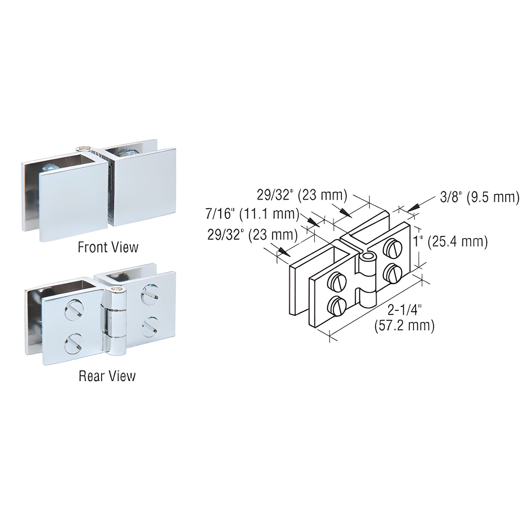 CRL Chrome Wide Face Glass-to-Glass In-Swing Set Screw Hinge