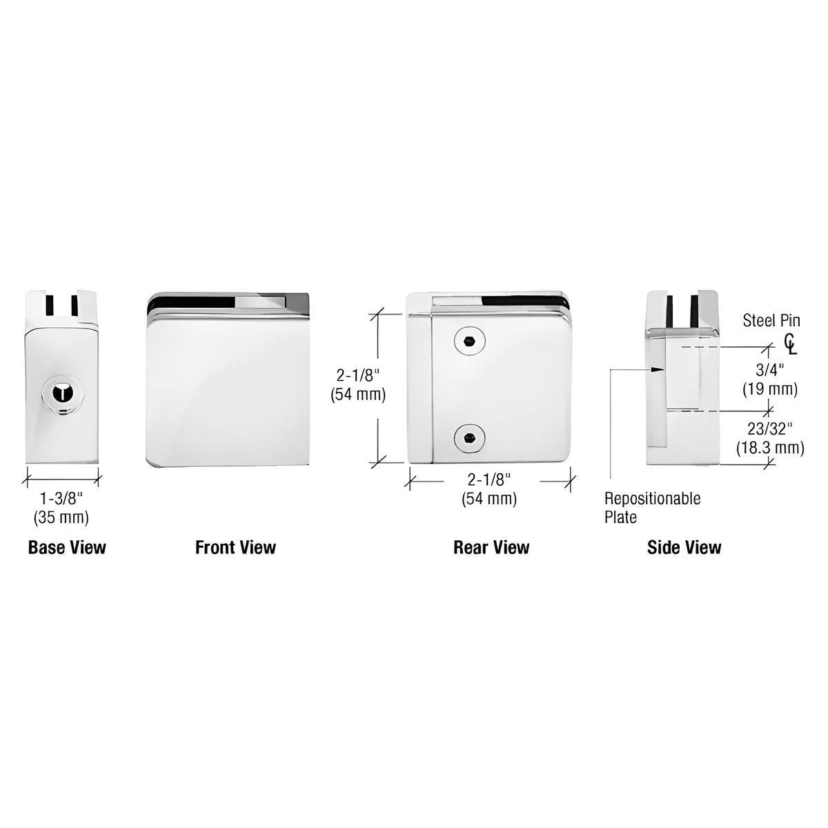 CRL Chrome Z-Series Square Type Flat Base Zinc Clamp for 3/8" and 1/2" Glass with Repositionable Plate