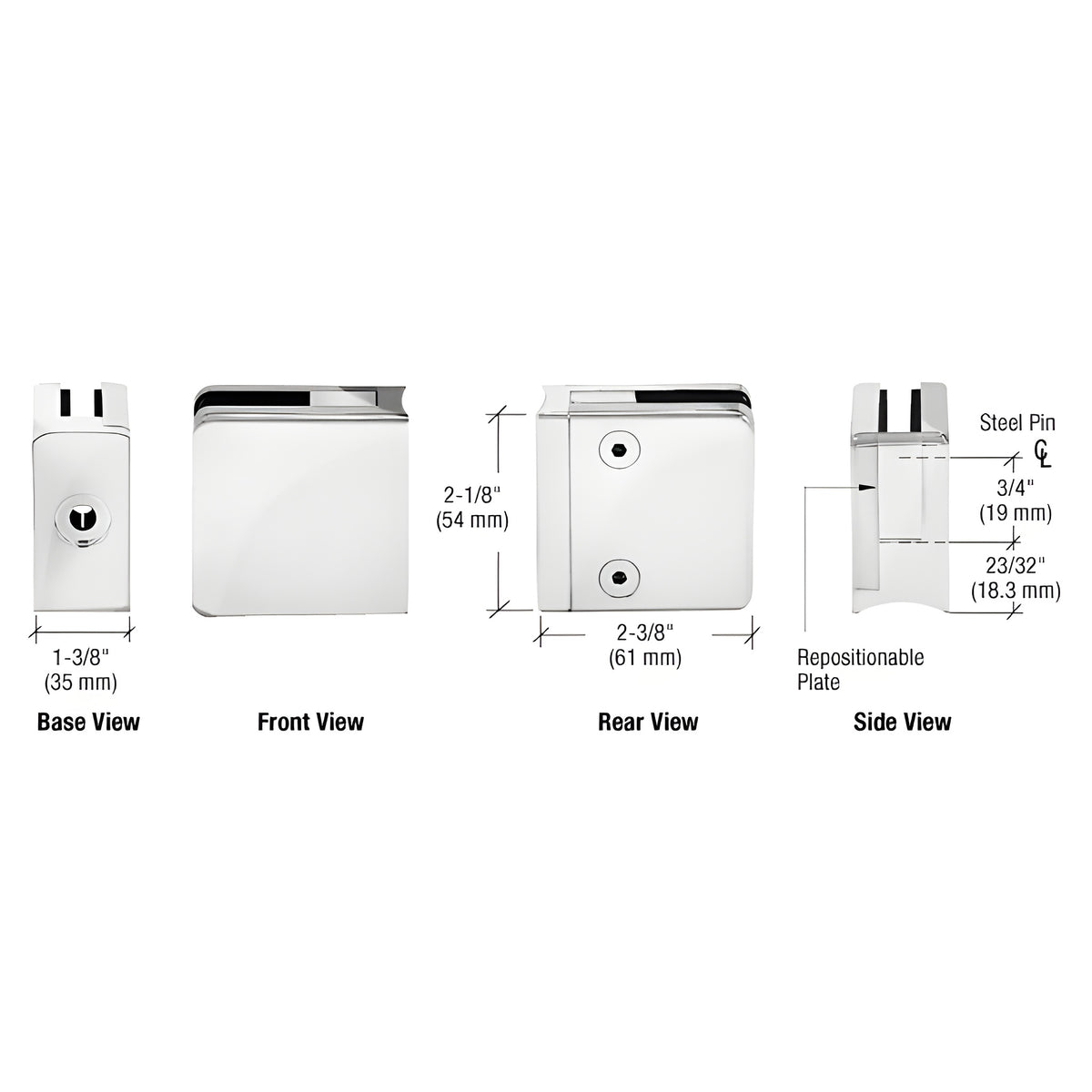 CRL Chrome Z-Series Square Type Radius Base Zinc Clamps for 3/8" and 1/2" Glass with Repositionable Plate