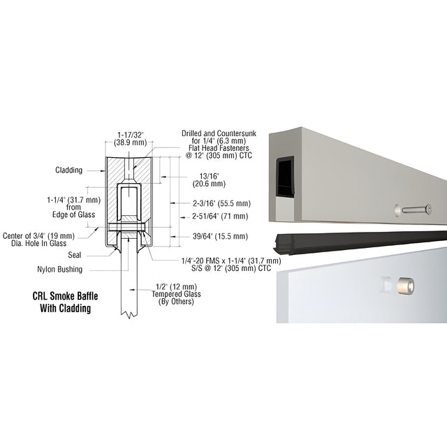 CRL Custom Aluminum Smoke Baffle Base Shoe with Satin Anodized Cladding for 1/2" Glass