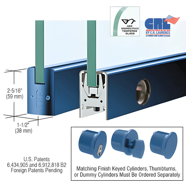 CRL Custom Color 3/8" Glass Low Profile Square Door Rail With Lock - Custom Length