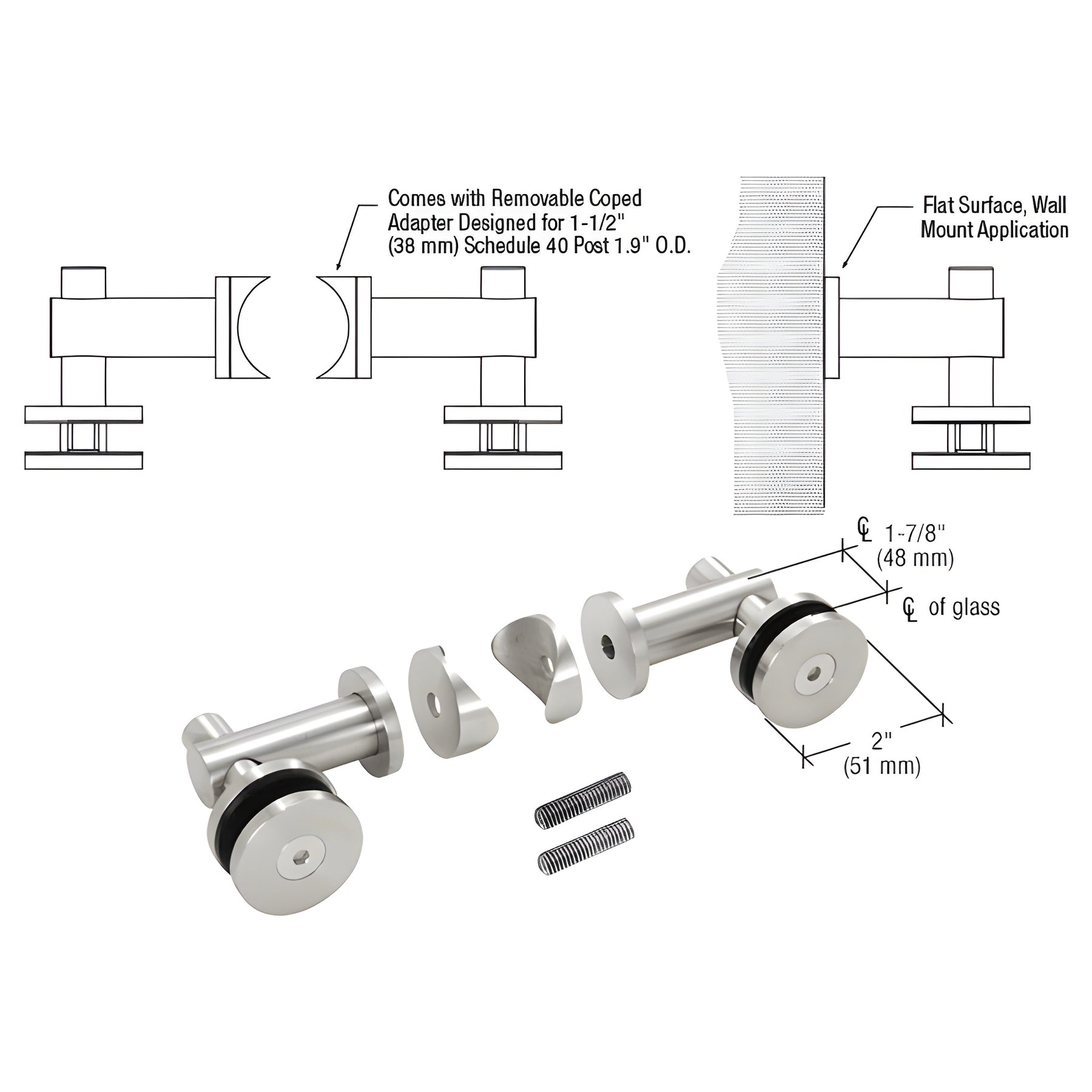 CRL Custom Polished Stainless Double Arm Fixed Fitting Set for 1/2" Glass