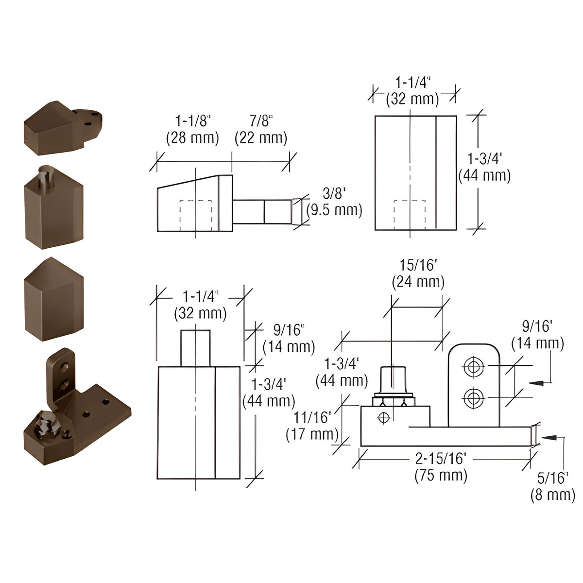 CRL Dark Bronze Offset Right Hand Pivot Set with 1/8" Recess