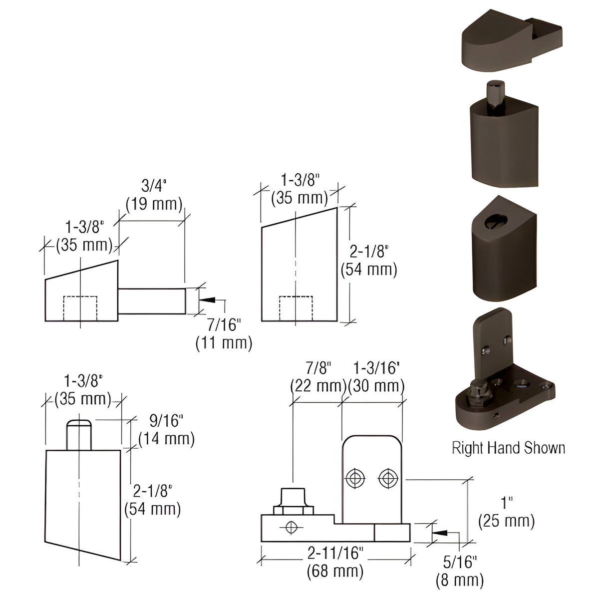 CRL Dark Bronze Right Hand 0P400 Top and Bottom Pivot Set
