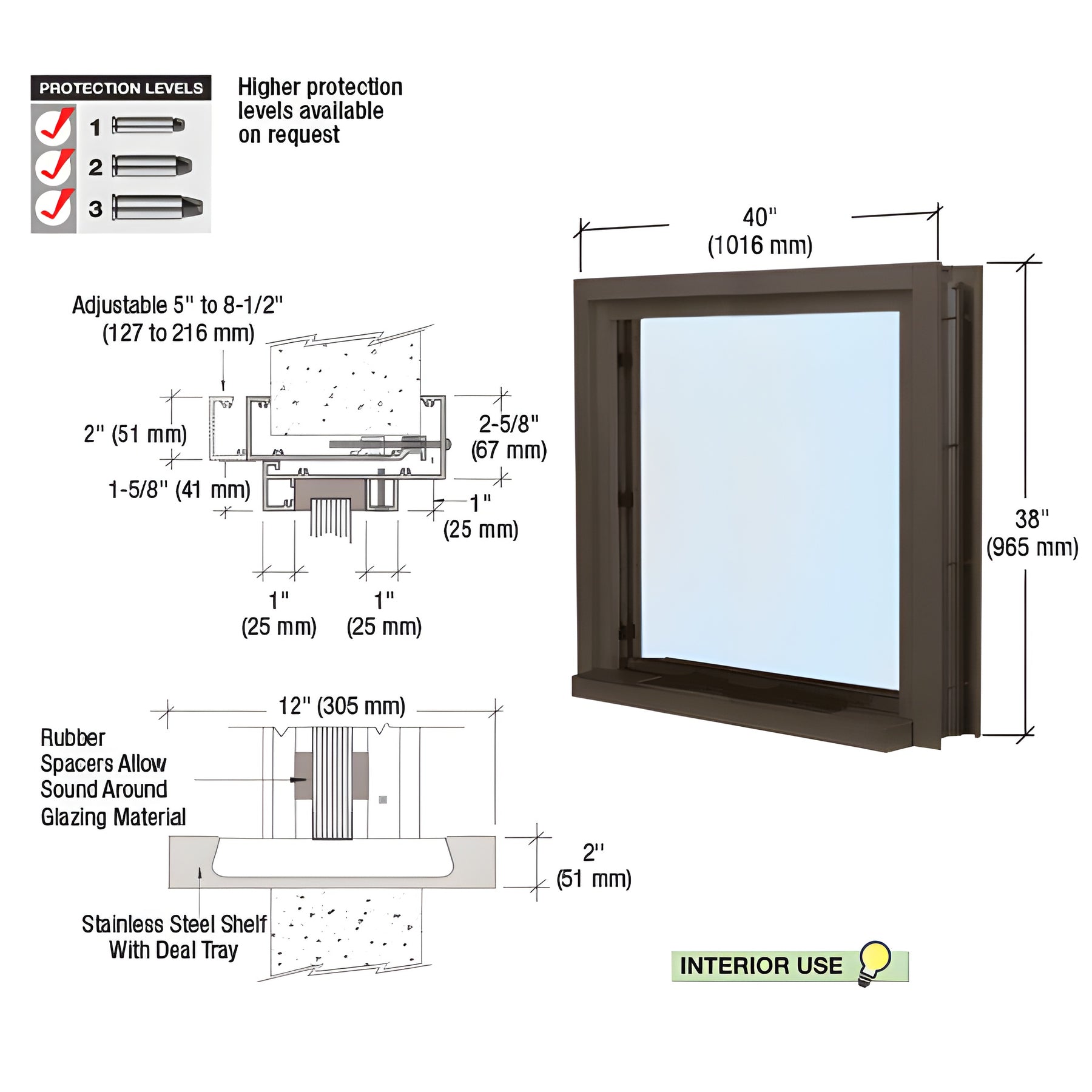 CRL Duranodic Bronze Anodized 40" Wide Bullet Resistant Interior Window with Surround and 12" Shelf with Deal Tray