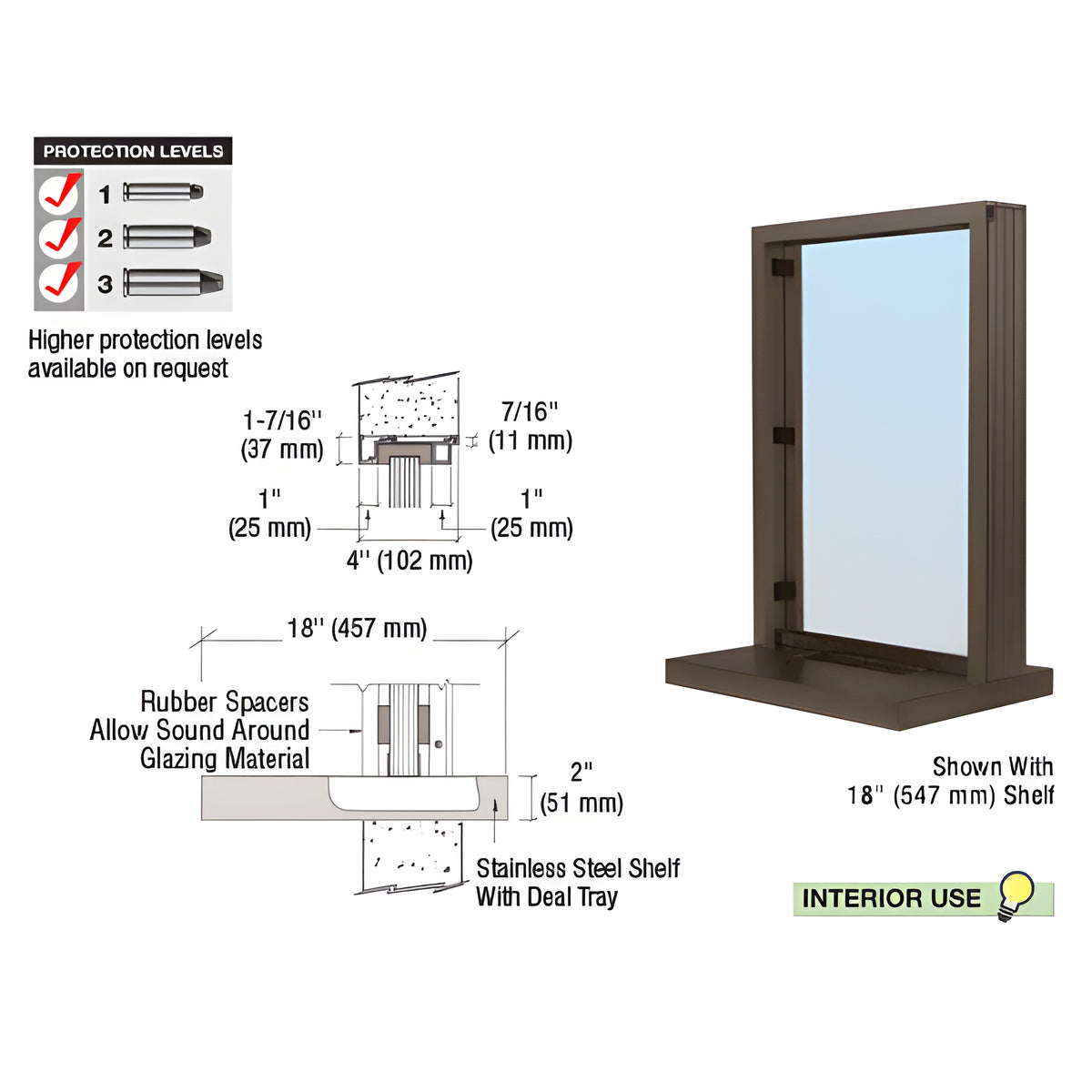 CRL Duranodic Bronze Anodized Narrow Inset Frame Interior Glazed Exchange Window with 18" Shelf and Deal Tray
