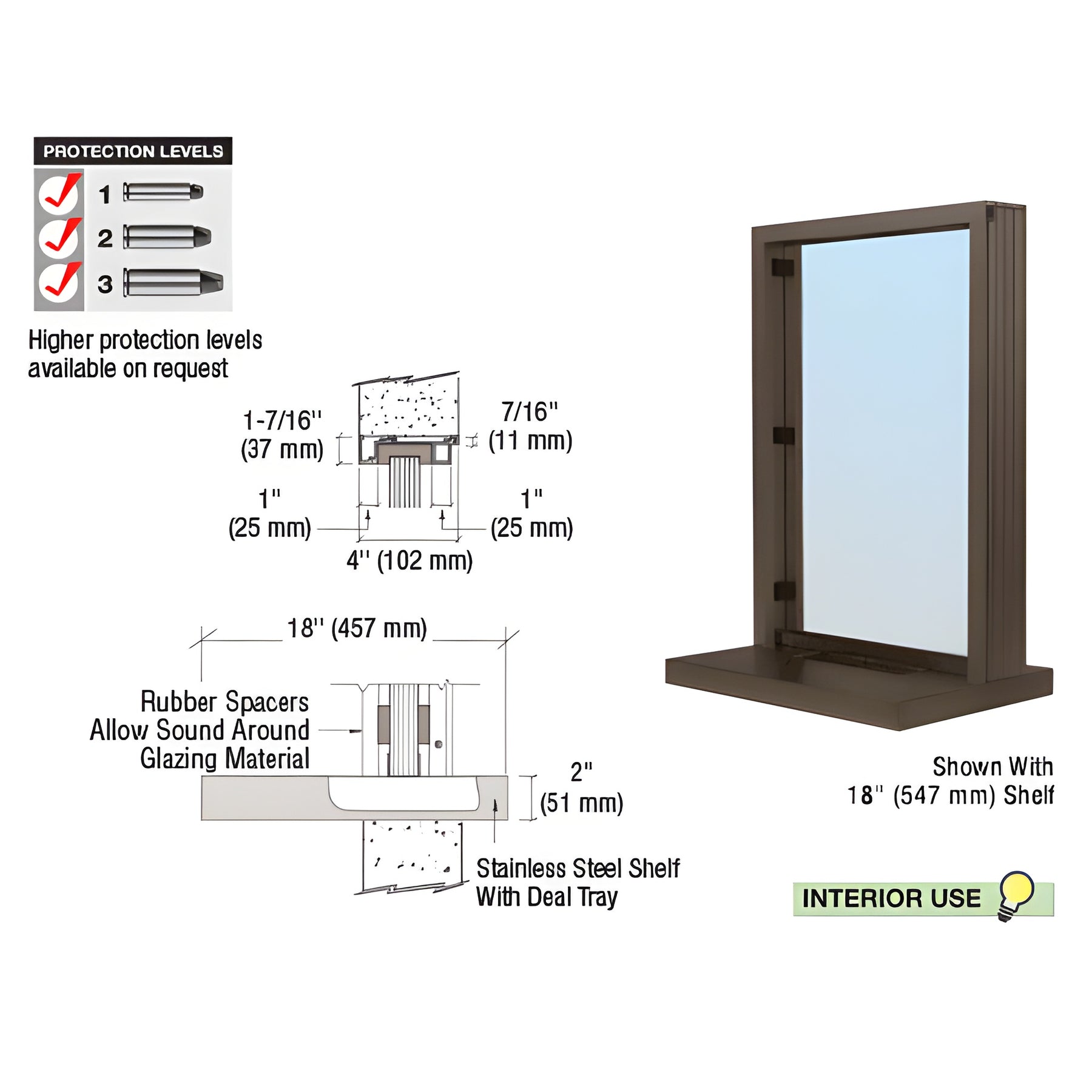 CRL Duranodic Bronze Anodized Narrow Inset Frame Interior Glazed Exchange Window with 18" Shelf and Deal Tray