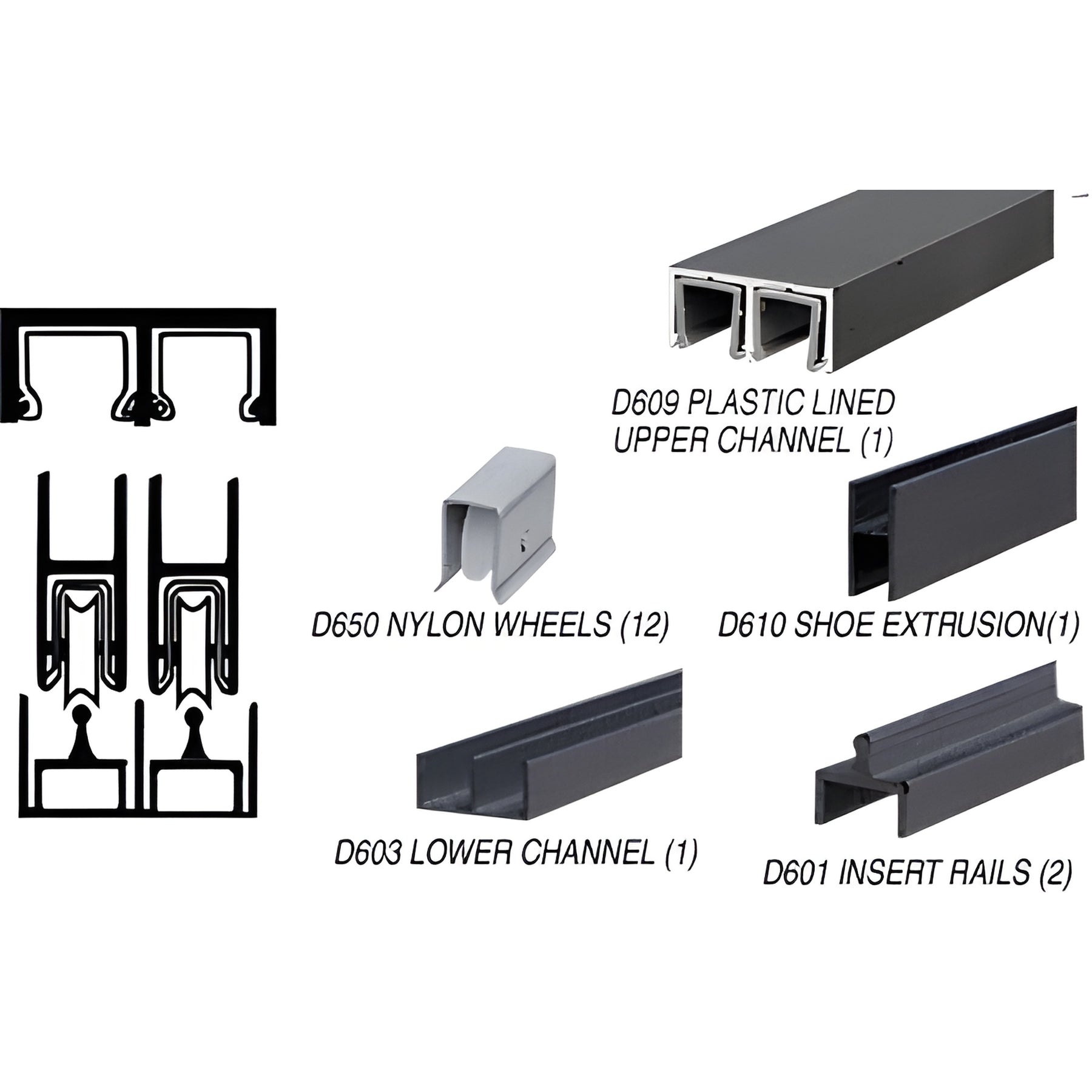 CRL Flat Black Deluxe Track Assembly With D609 Upper and D603 Lower Track - Nylon Wheels