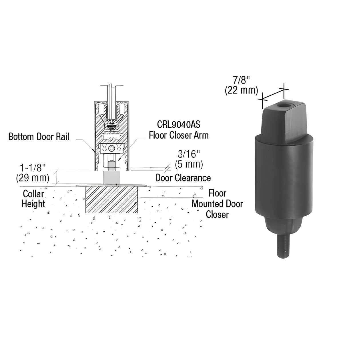 CRL Floor Mounted Closer 1-1/8" Collar Height Tapered Type Spindle