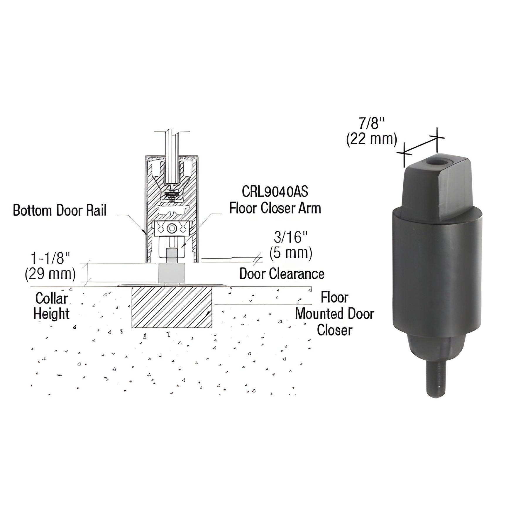 CRL Floor Mounted Closer 1-1/8" Collar Height Tapered Type Spindle