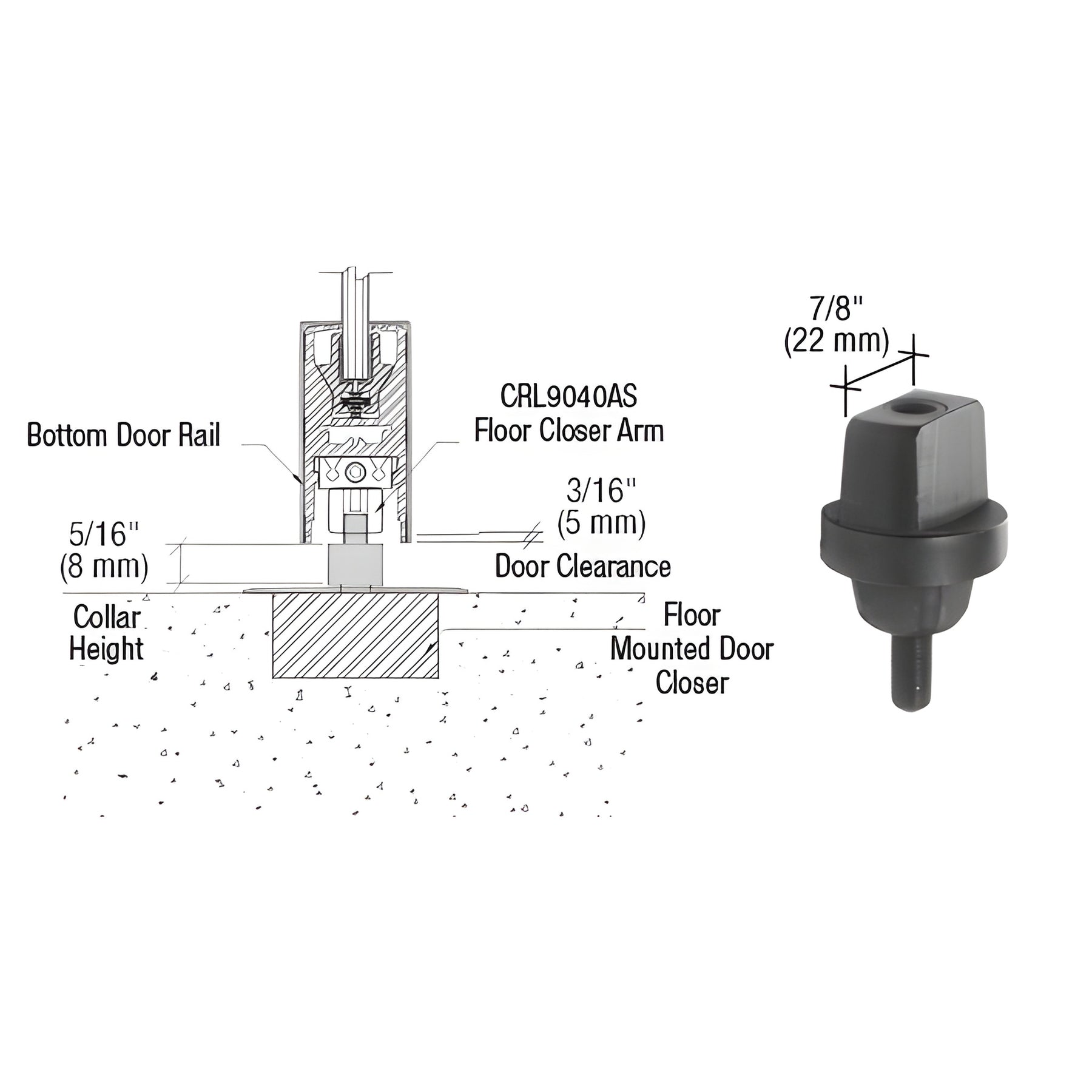 CRL Floor Mounted Closer 5/16" (7.9mm) Collar Height Tapered Type Spindle