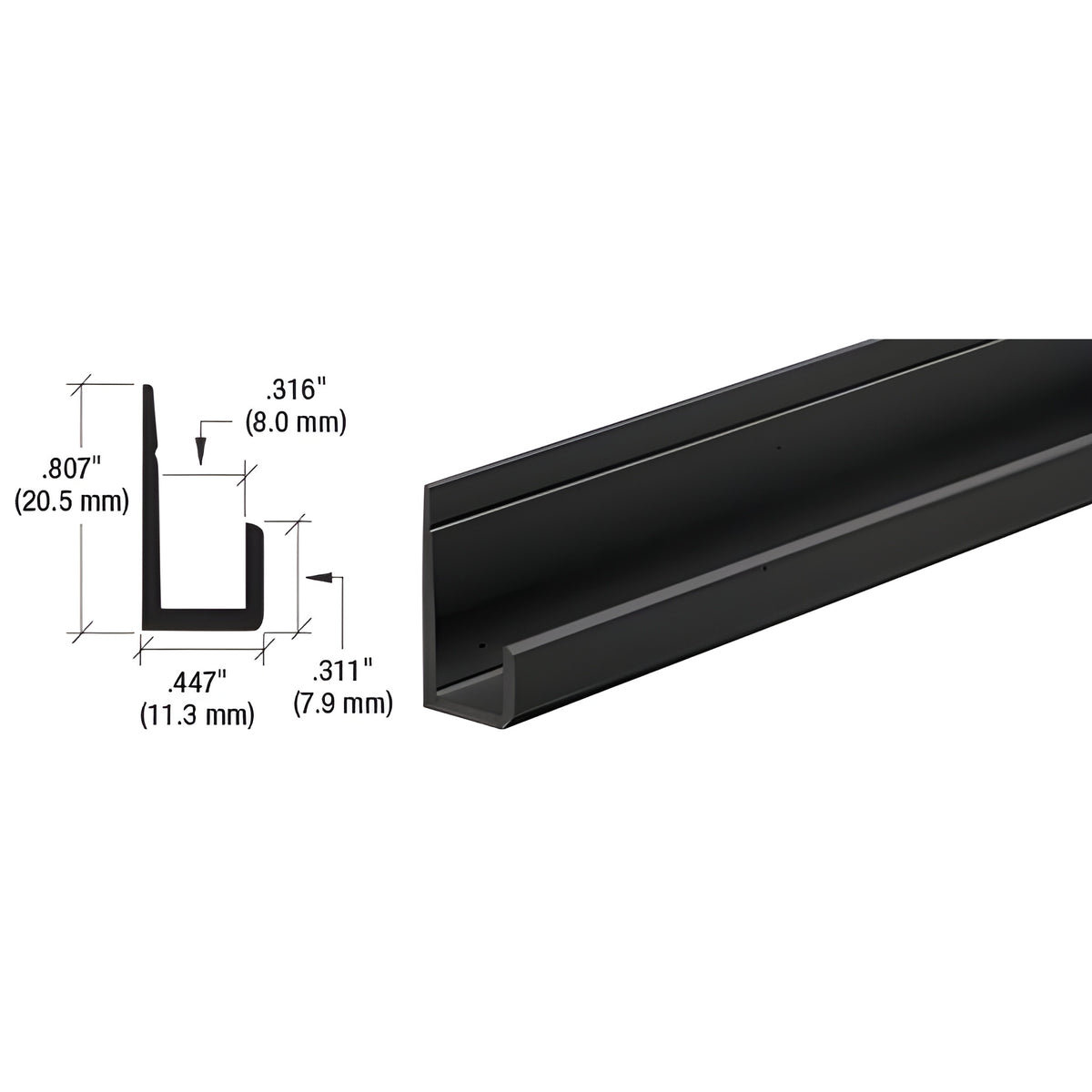 CRL Gloss Black Canadian Style 1/4" Standard Bottom "J" Channel