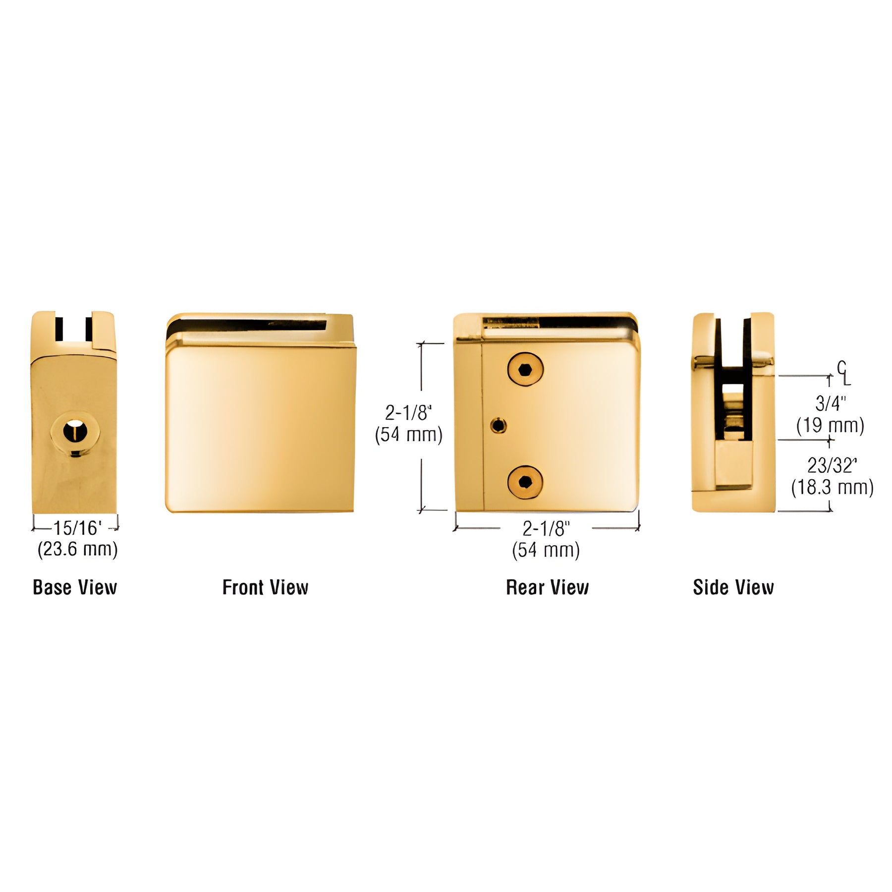 CRL Gold Plated Z-Series Square Type Flat Base Zinc Clamp for 1/4" and 5/16" Glass