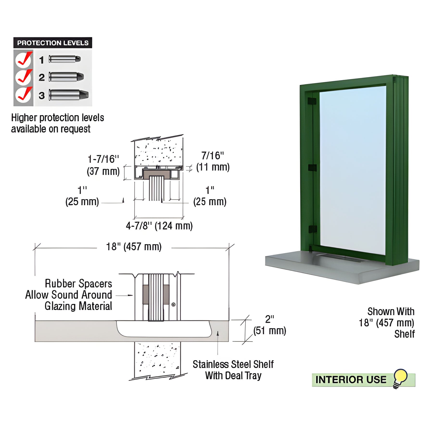 CRL KYNAR® Painted (Specify) Aluminum Standard Inset Frame Interior Glazed Exchange Window with 18" Shelf and Deal Tray