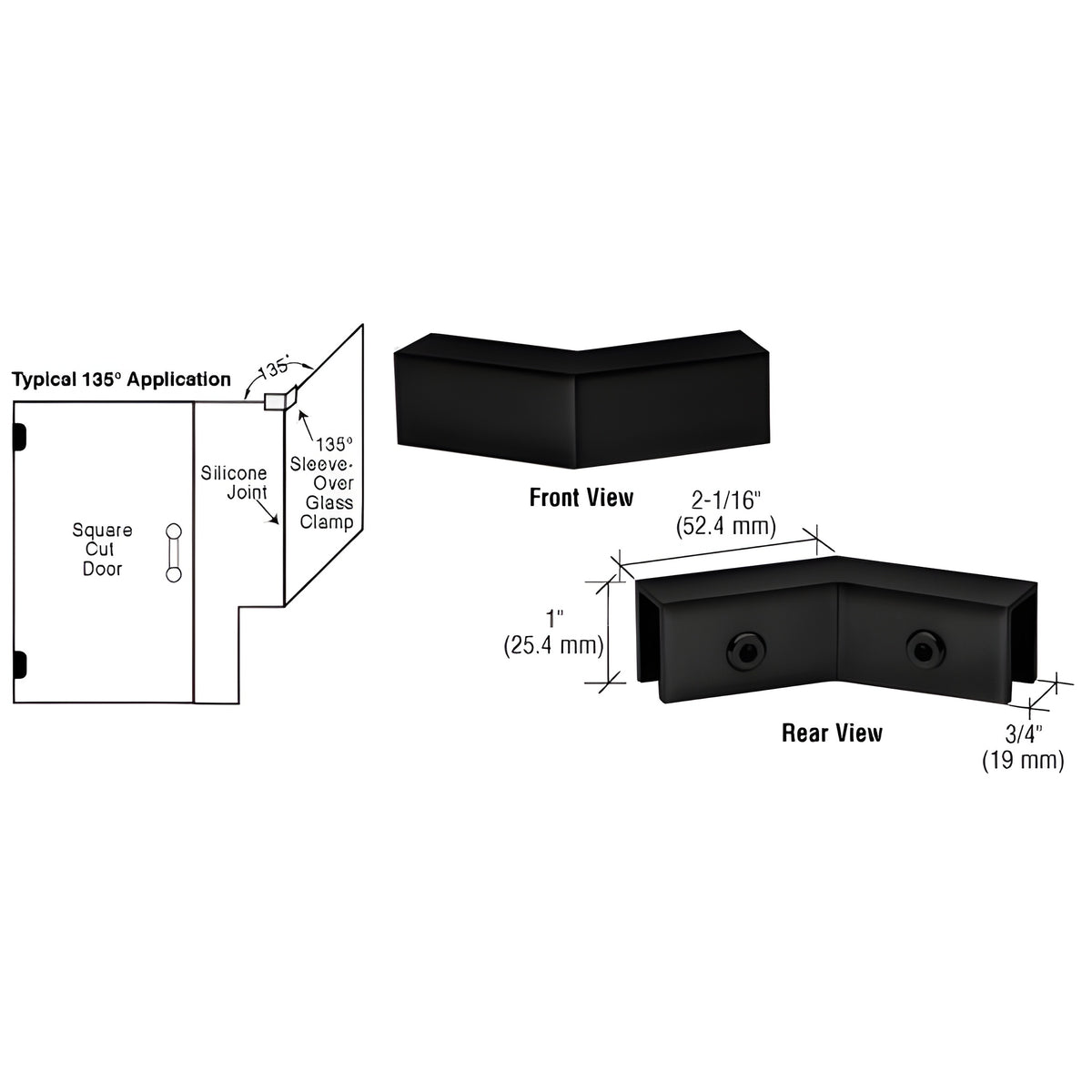 CRL Matte Black 135 Degree "Sleeve Over" Glass Clamp