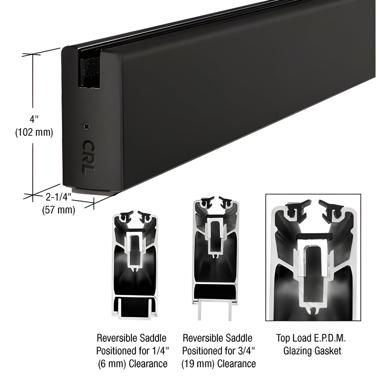CRL Matte Black 4" x 120" Length Square Sidelite Rail