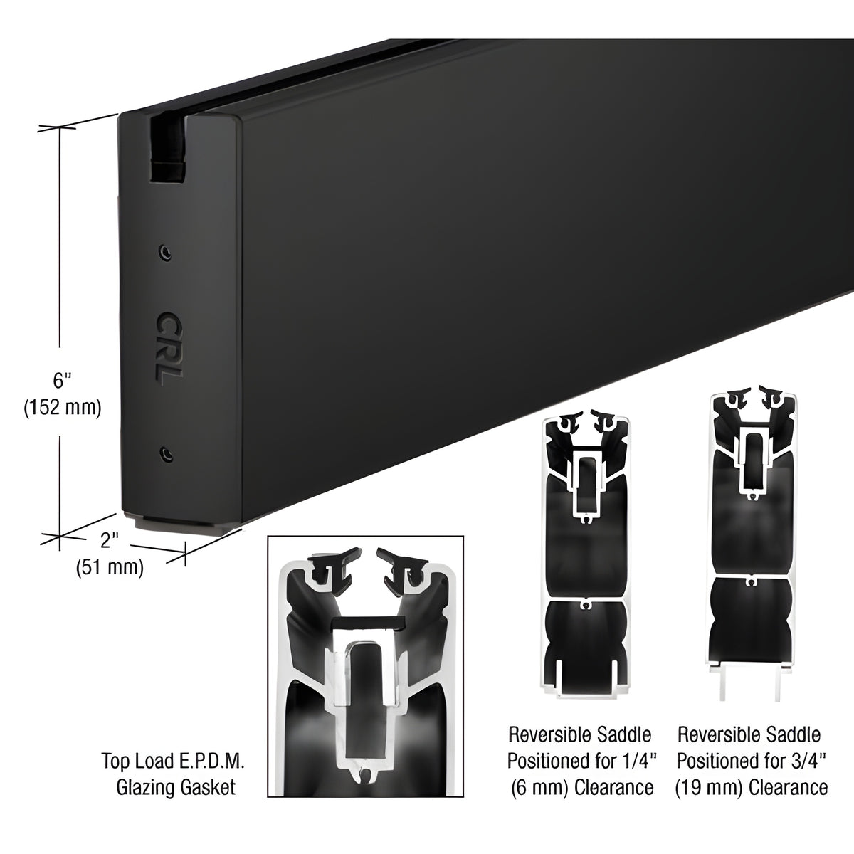 CRL Matte Black 6" Square Sidelite Rails for 1/2" Glass Custom Length