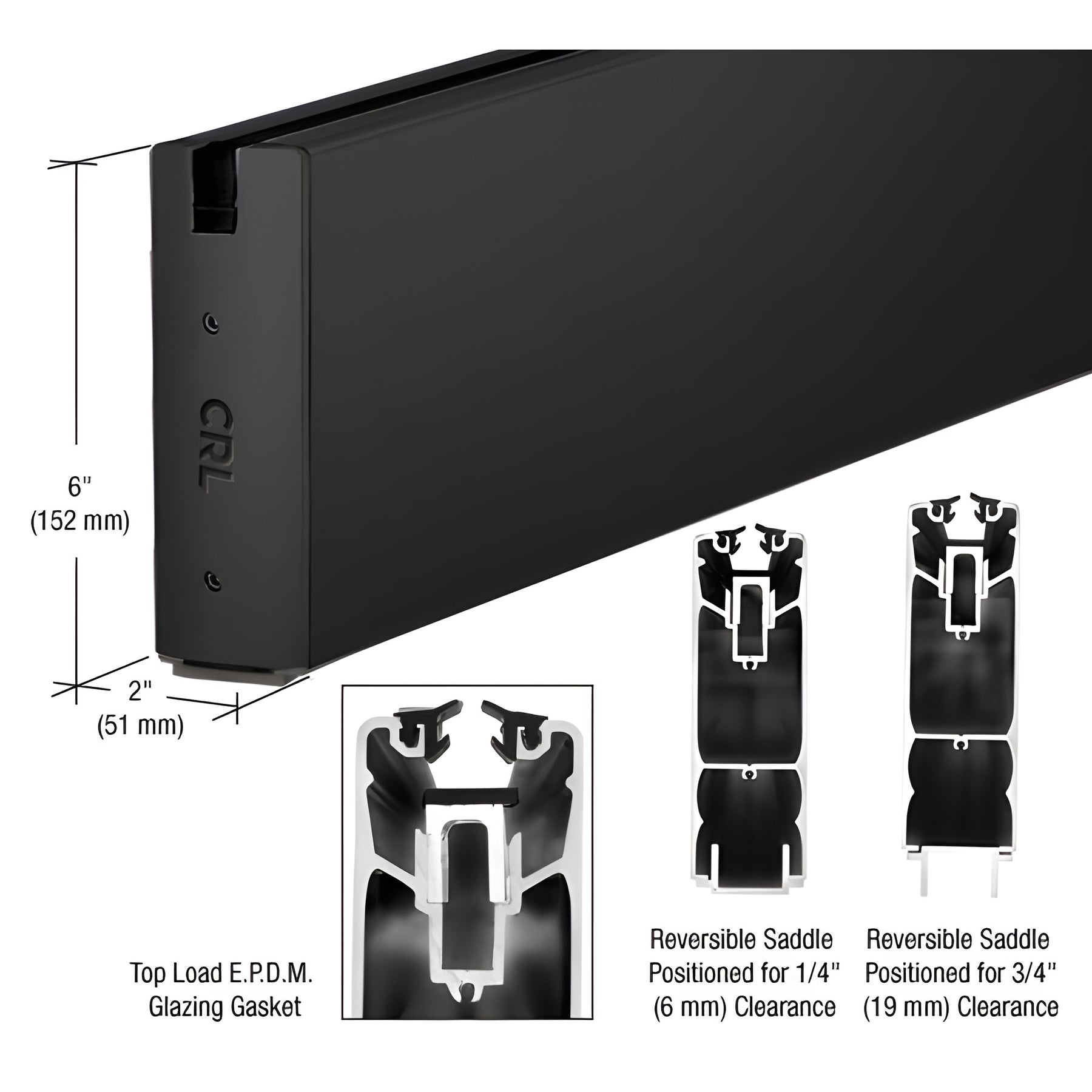 CRL Matte Black 6" Square Sidelite Rails for 1/2" Glass Custom Length