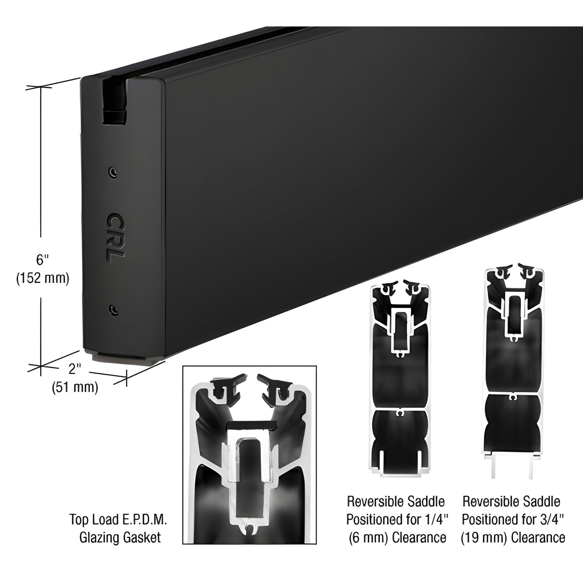 CRL Matte Black 6" x 120" Length Square Sidelite Rail