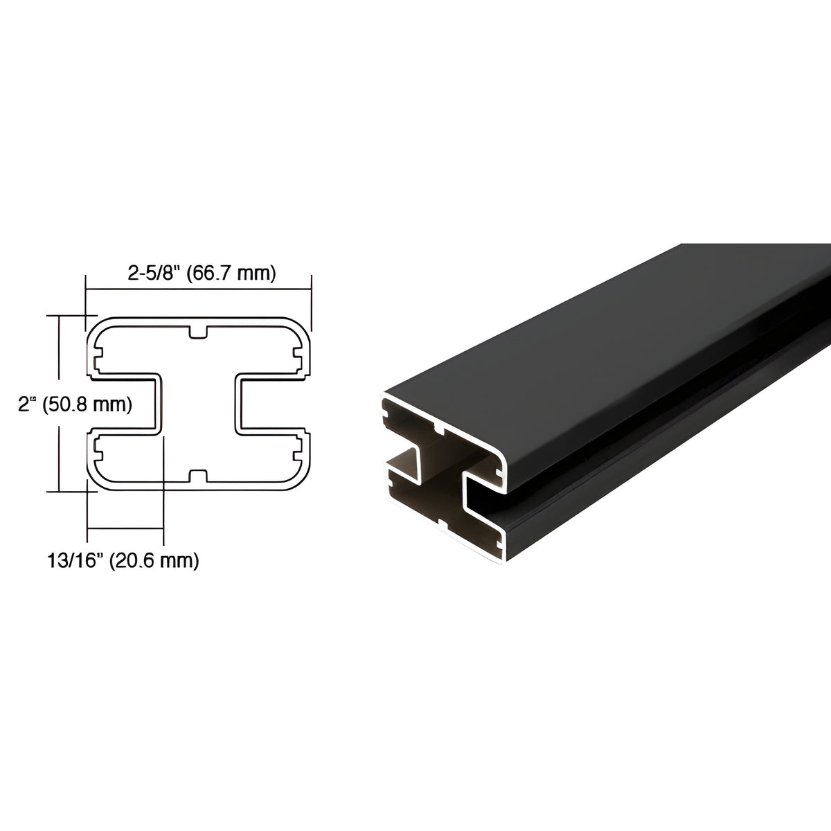 CRL Matte Black 60" Long 2" x 2-5/8" Rectangular 180 Degree Post