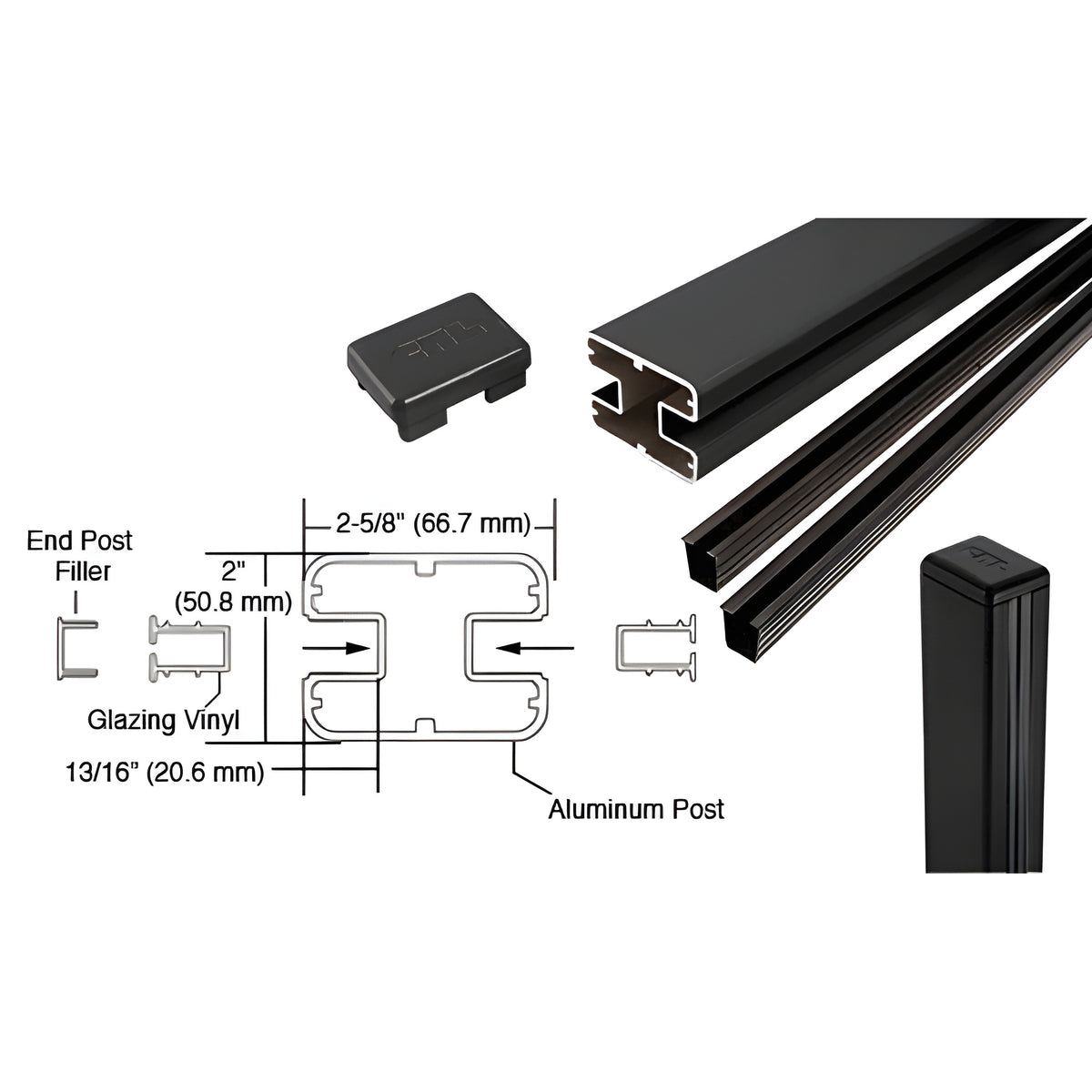 CRL Matte Black AWS 2" x 2-5/8" Rectangular 180 Degree 48" Center Post Kit