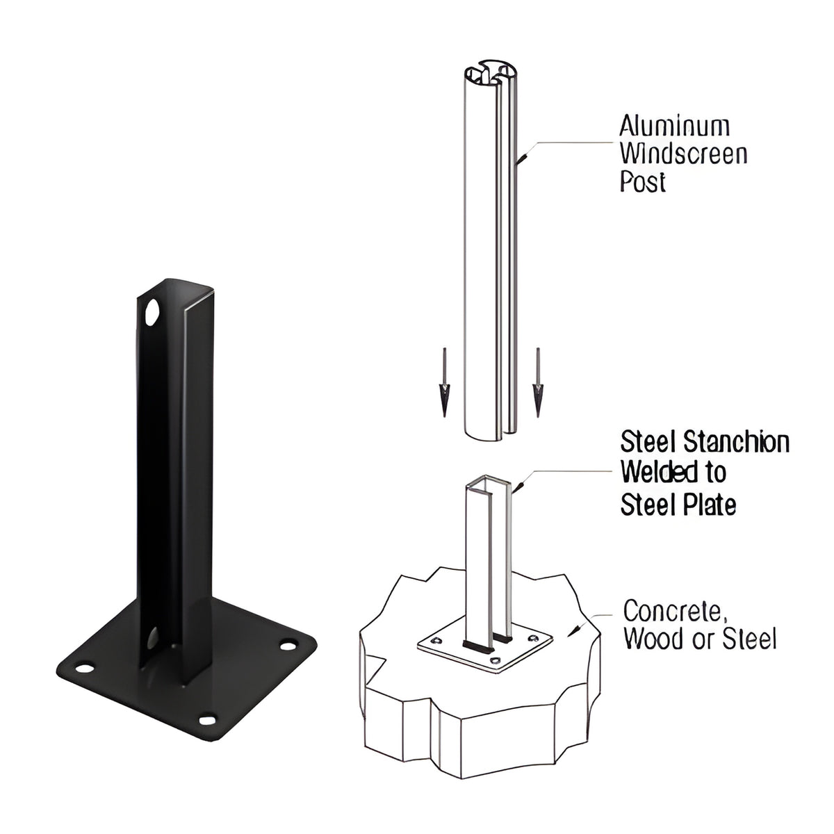 CRL Matte Black AWS Steel Stanchion for 180 Degree Round or Rectangular Center or End Posts