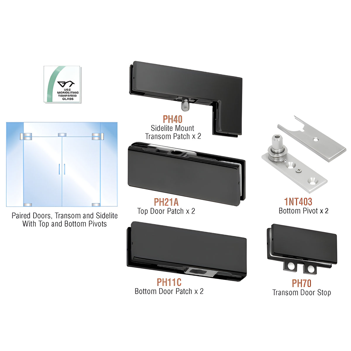 CRL Matte Black European Patch Door Kit for Double Doors for Use with Fixed Transom and Two Sidelites - With Lock