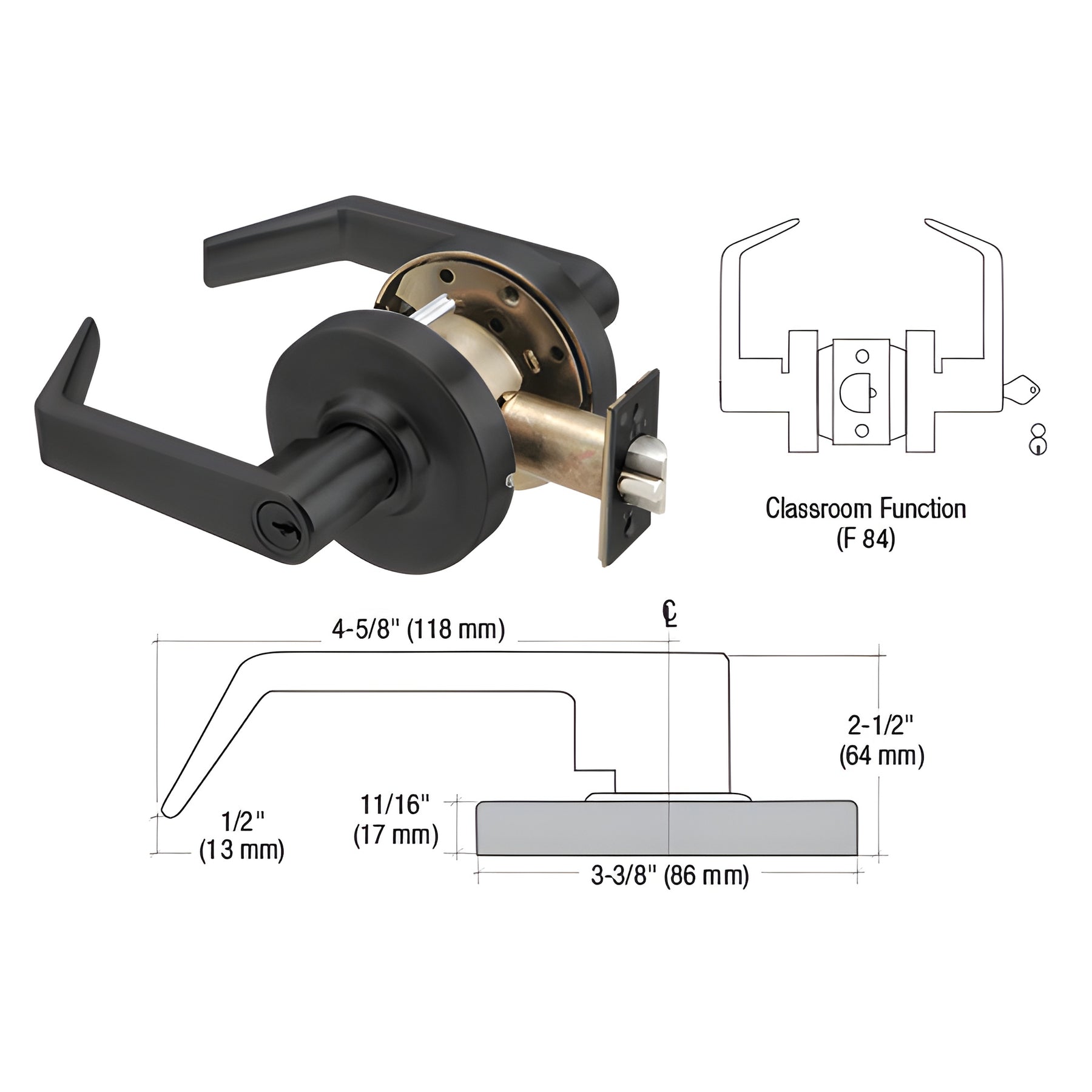 CRL Matte Black Grade 1 Classroom Lever Locksets - 7-Pin SFIC