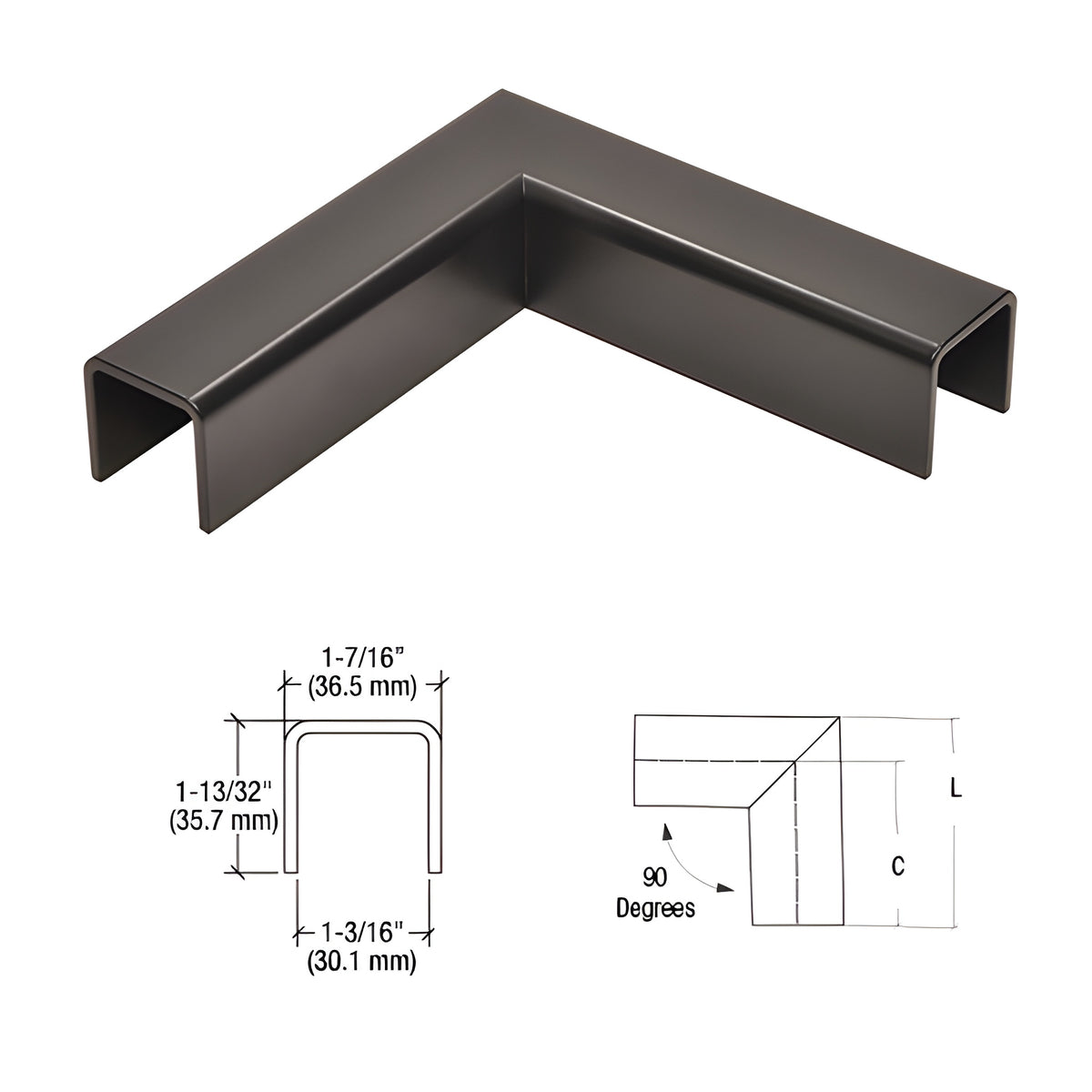 CRL Matte Black L10 Series U-Channel 90 Degree Horizontal Corner for 21.52 mm Glass Cap Railing